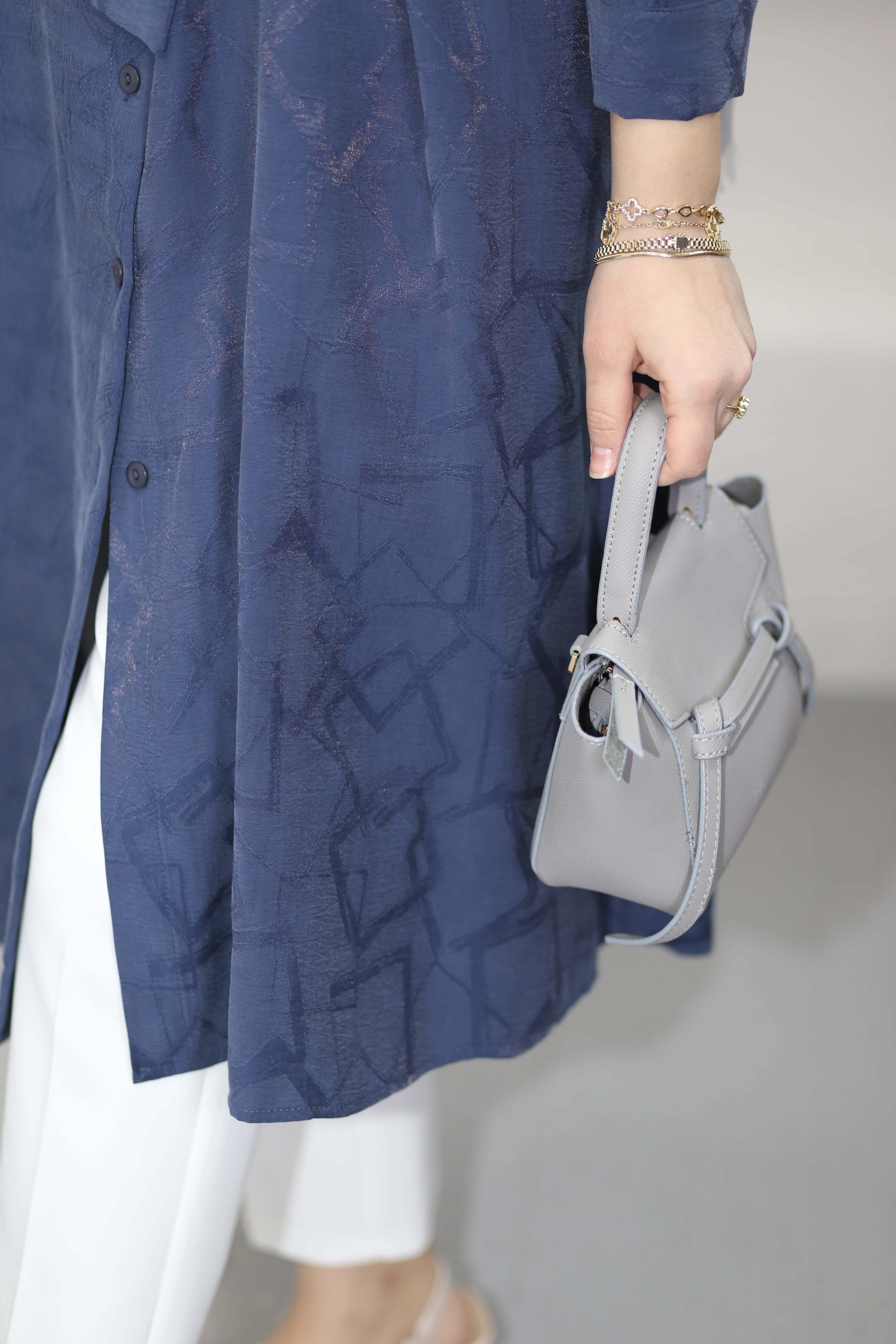 Kendinden Desenli Araboy Tunik Lacivert 4657