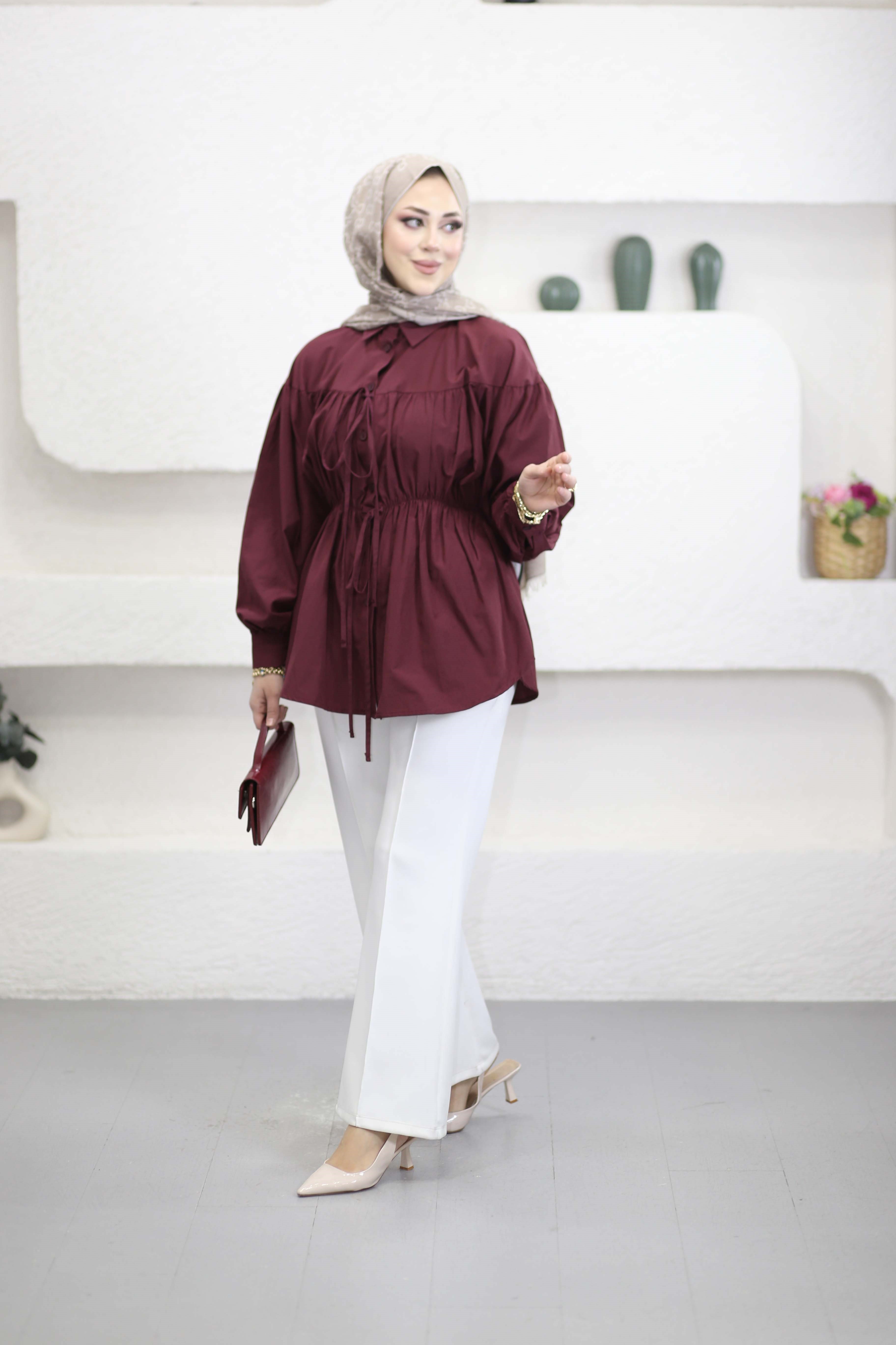 Reglan Kollu Önü Bağcıklı Gömlek Bordo 1964