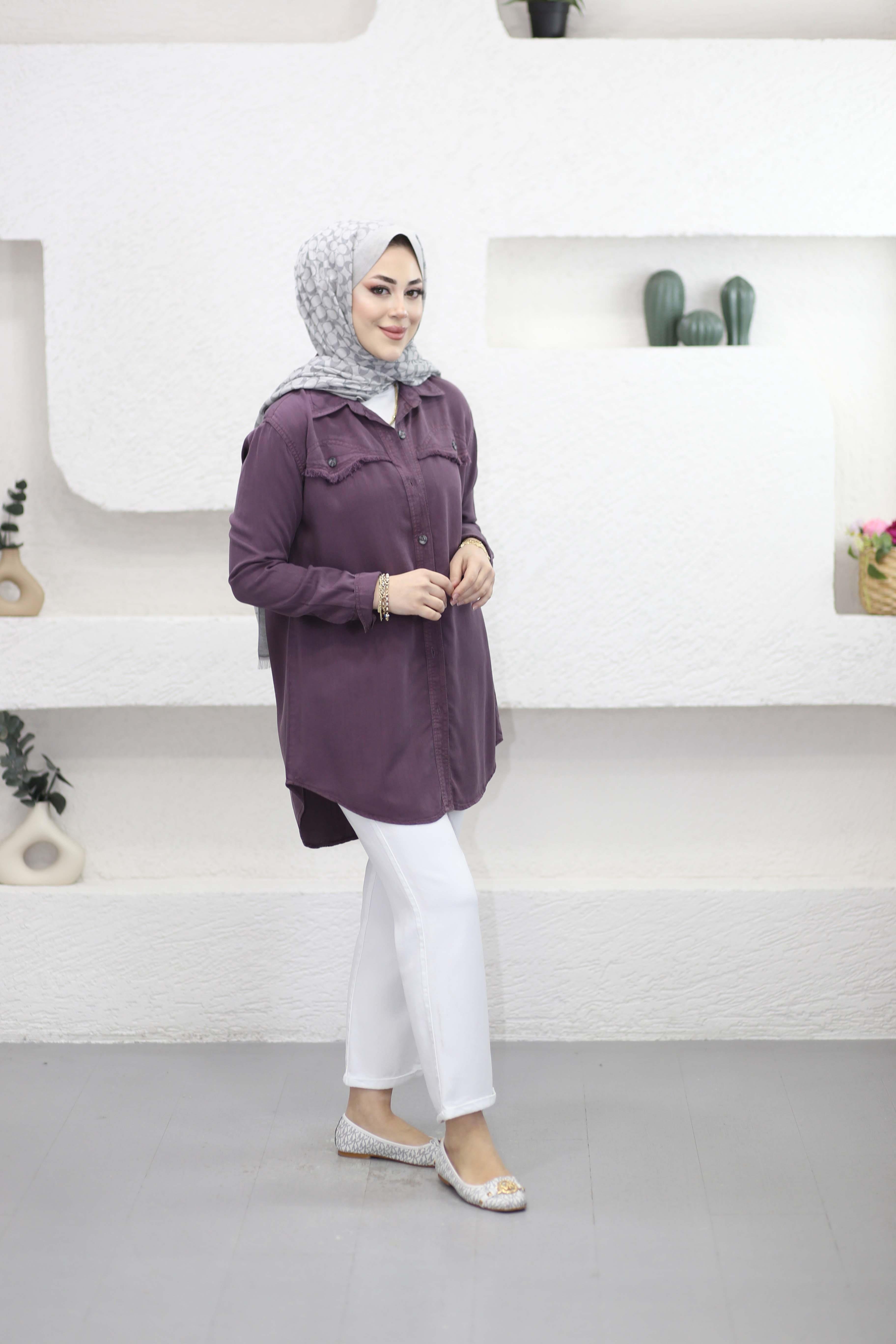 Düğmeli Tencel Gömlek Mürdüm 7484