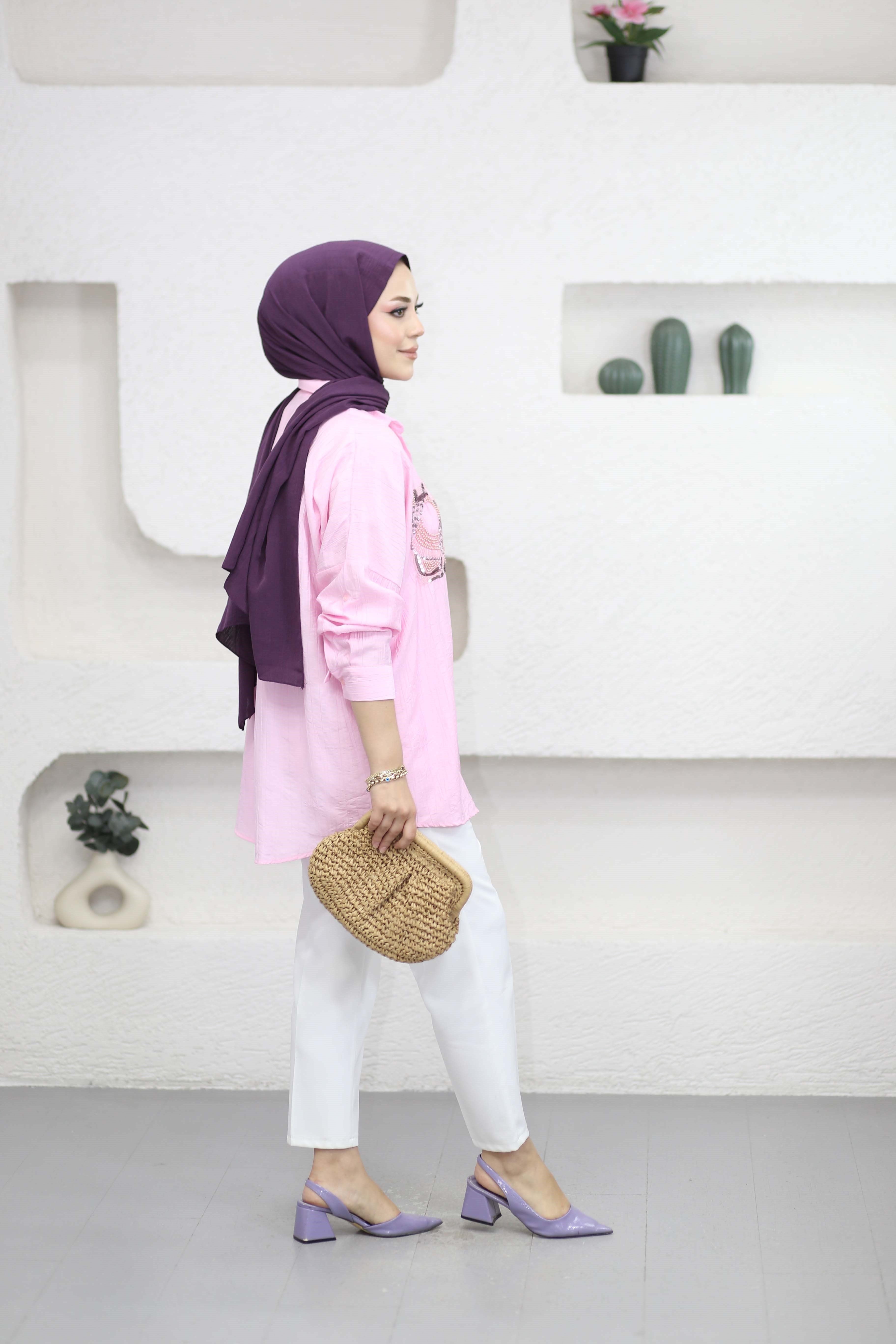 Bilge Nakışlı Gömlek Pembe 5476
