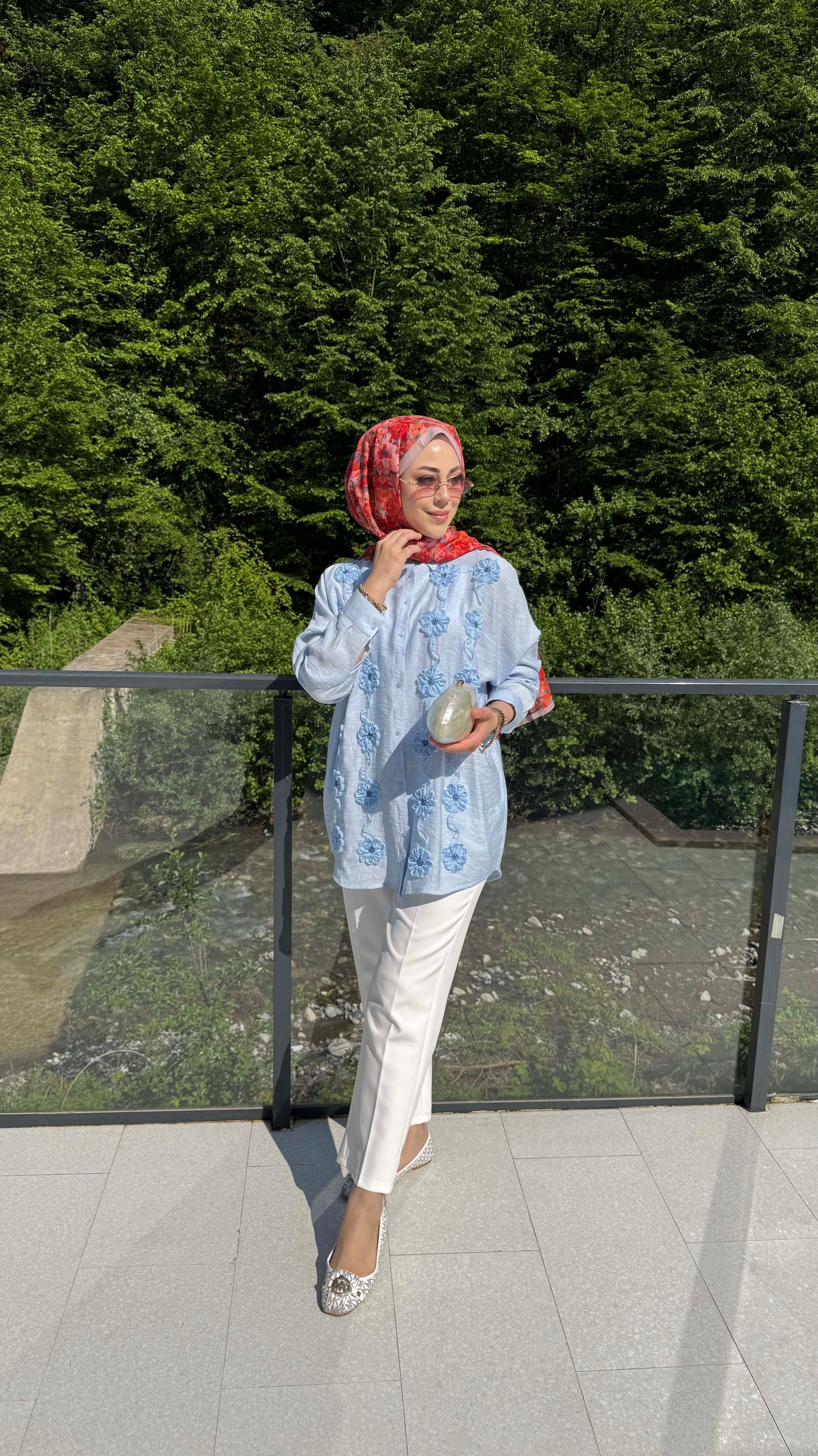 Çiçek Tüllü Gömlek Mavi 5479