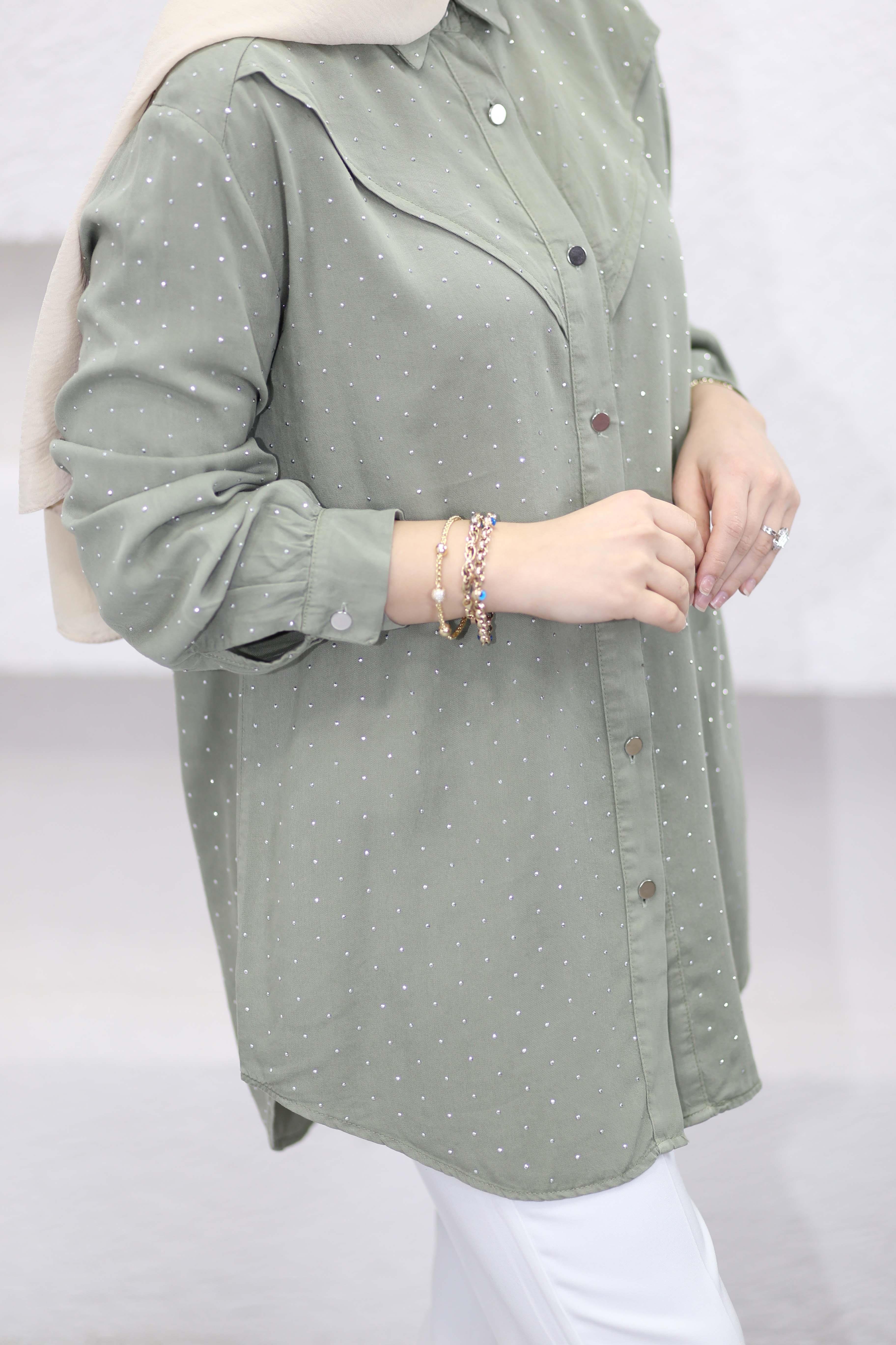 Taşlı Tencel Gömlek Çağla Yeşili 7421
