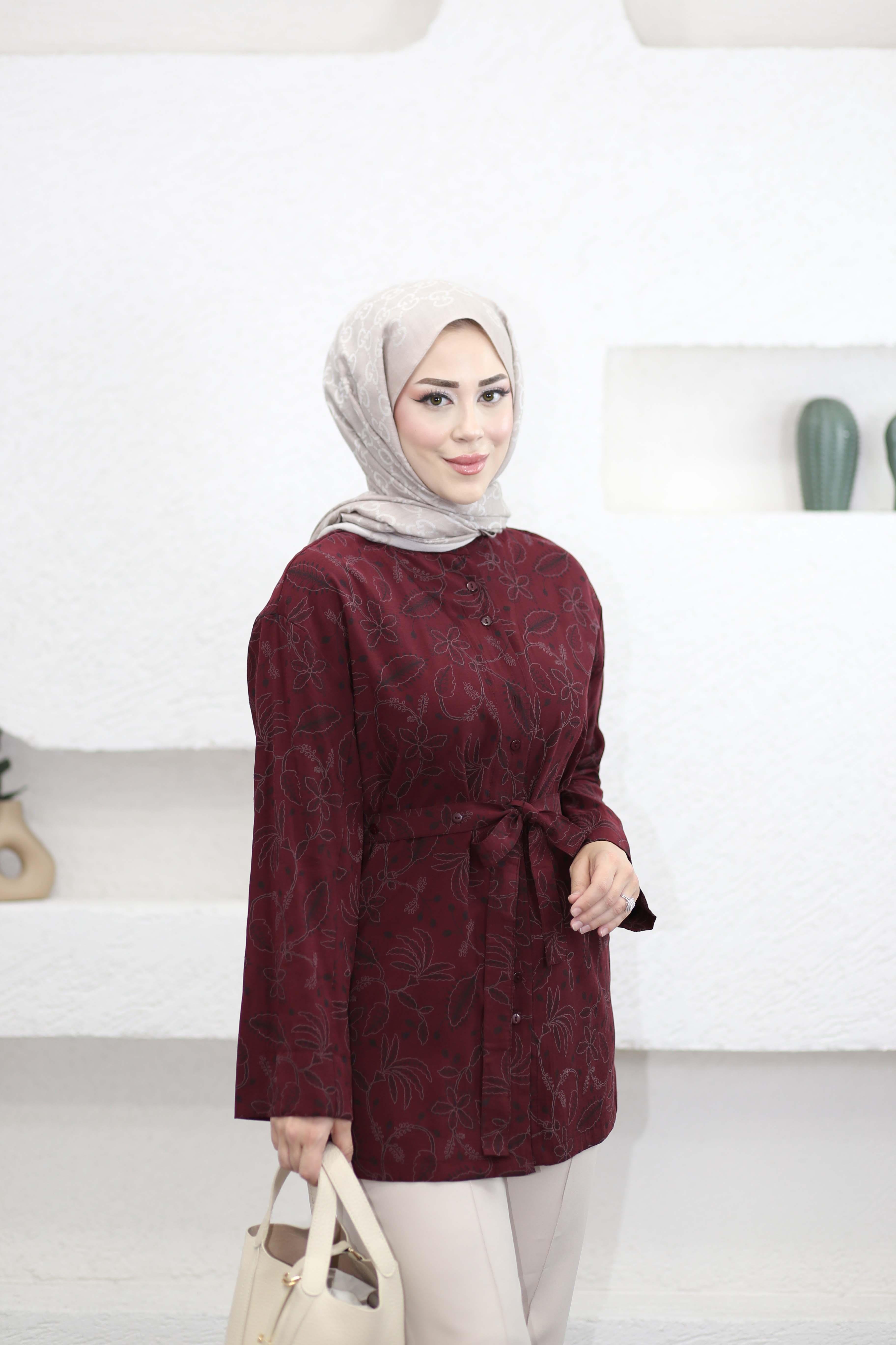 Yaprak Desen Brode Gömlek Bordo 51185