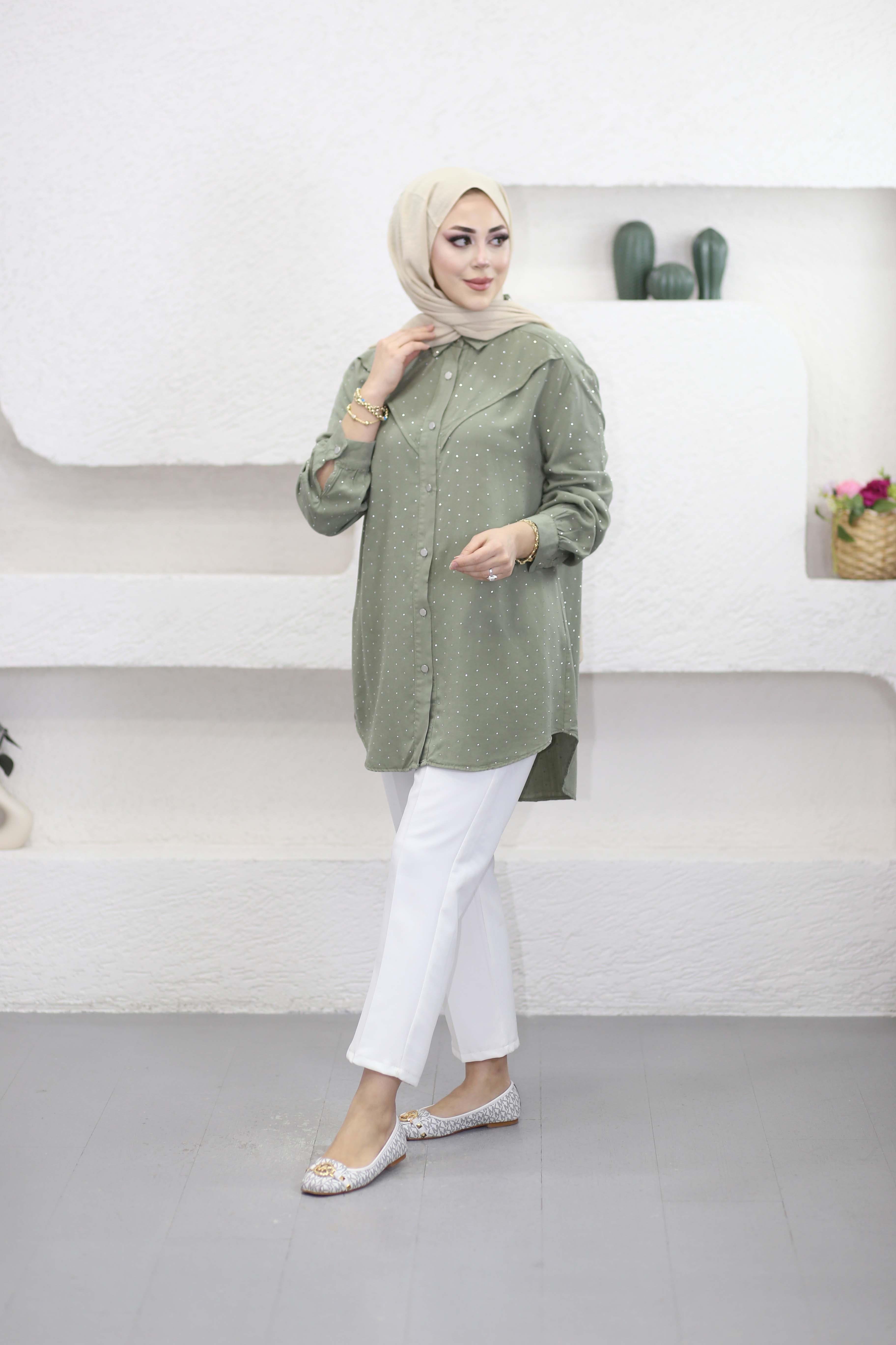 Taşlı Tencel Gömlek Çağla Yeşili 7421