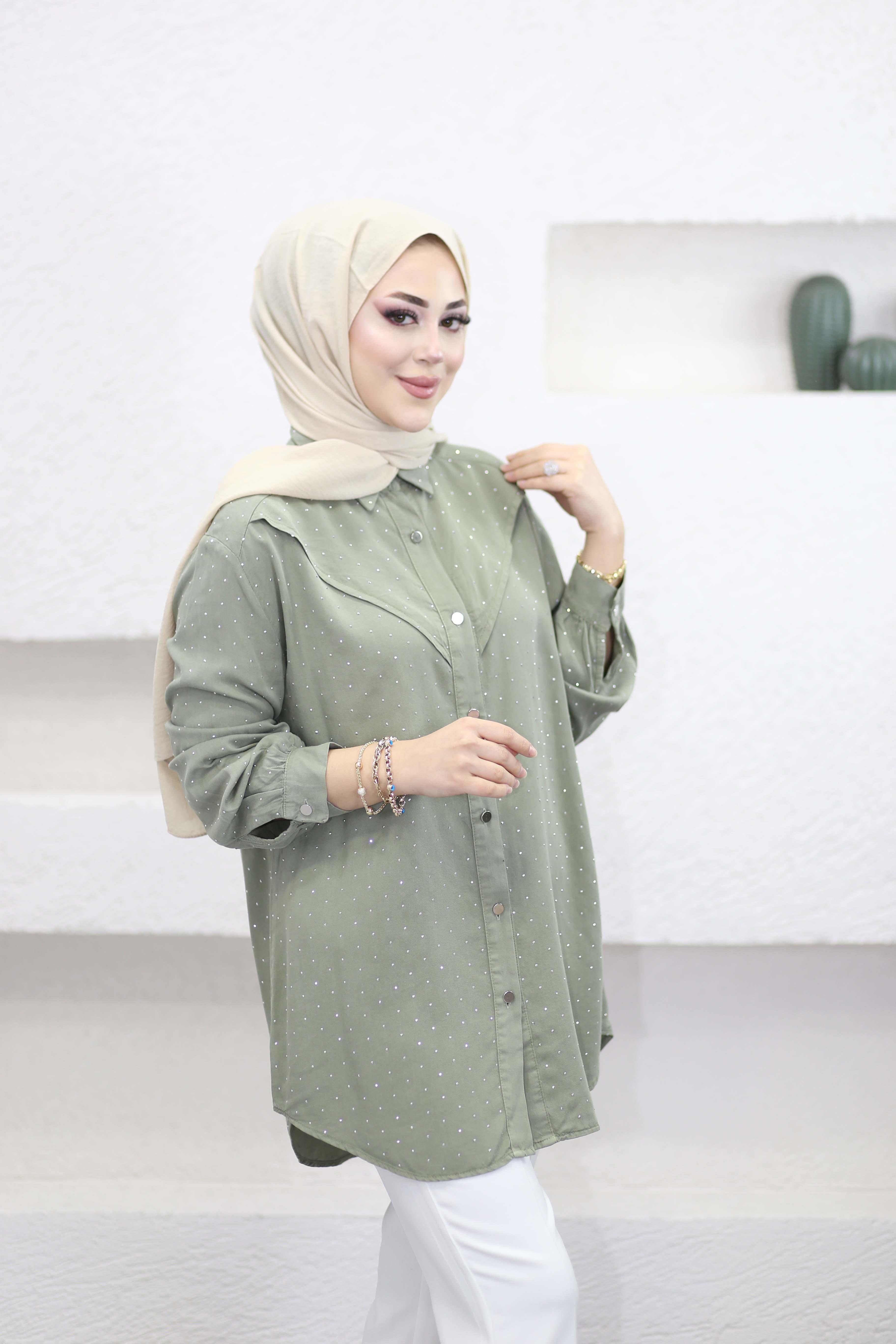 Taşlı Tencel Gömlek Çağla Yeşili 7421