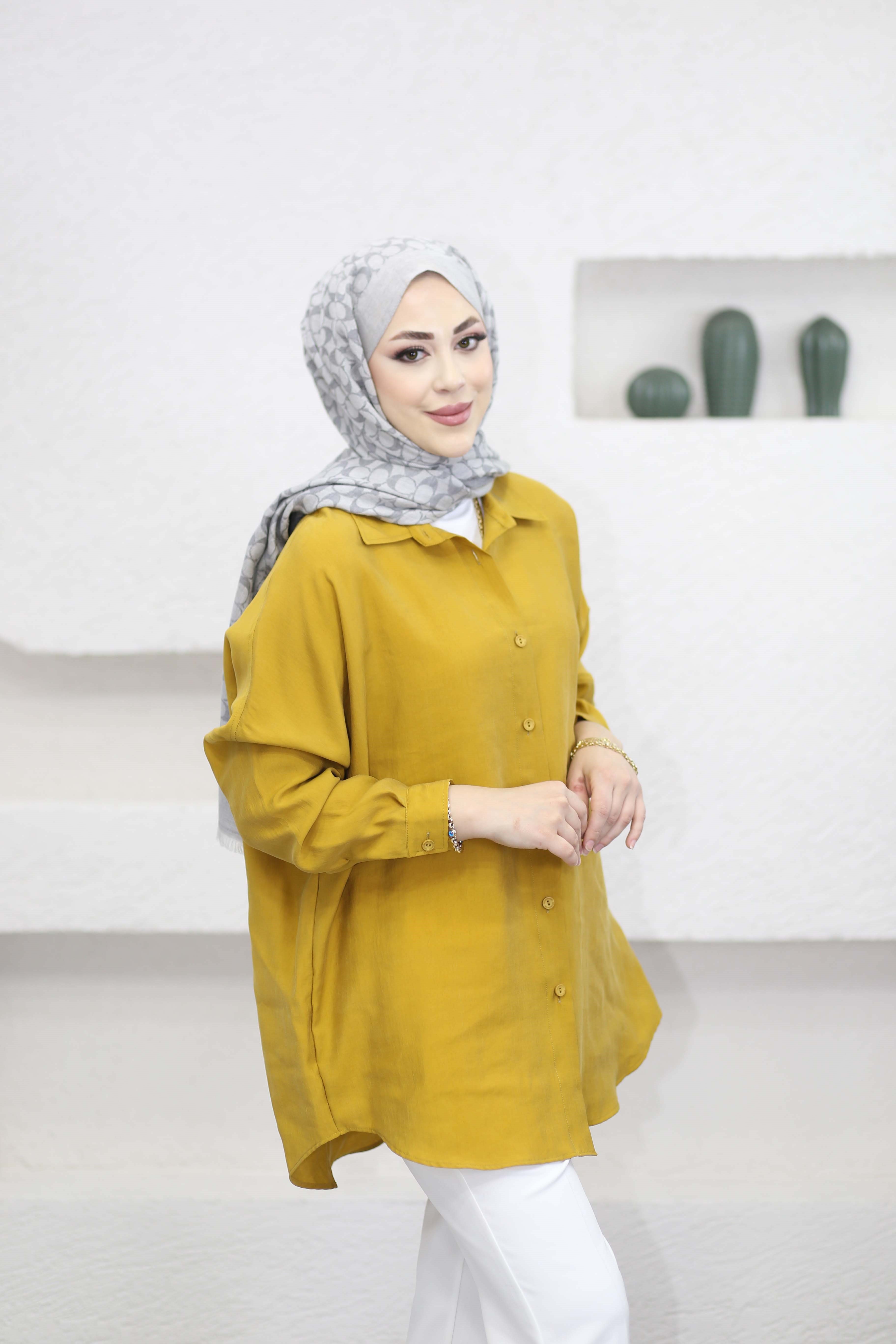 Düğmeli Salaş Gömlek Hardal 7539