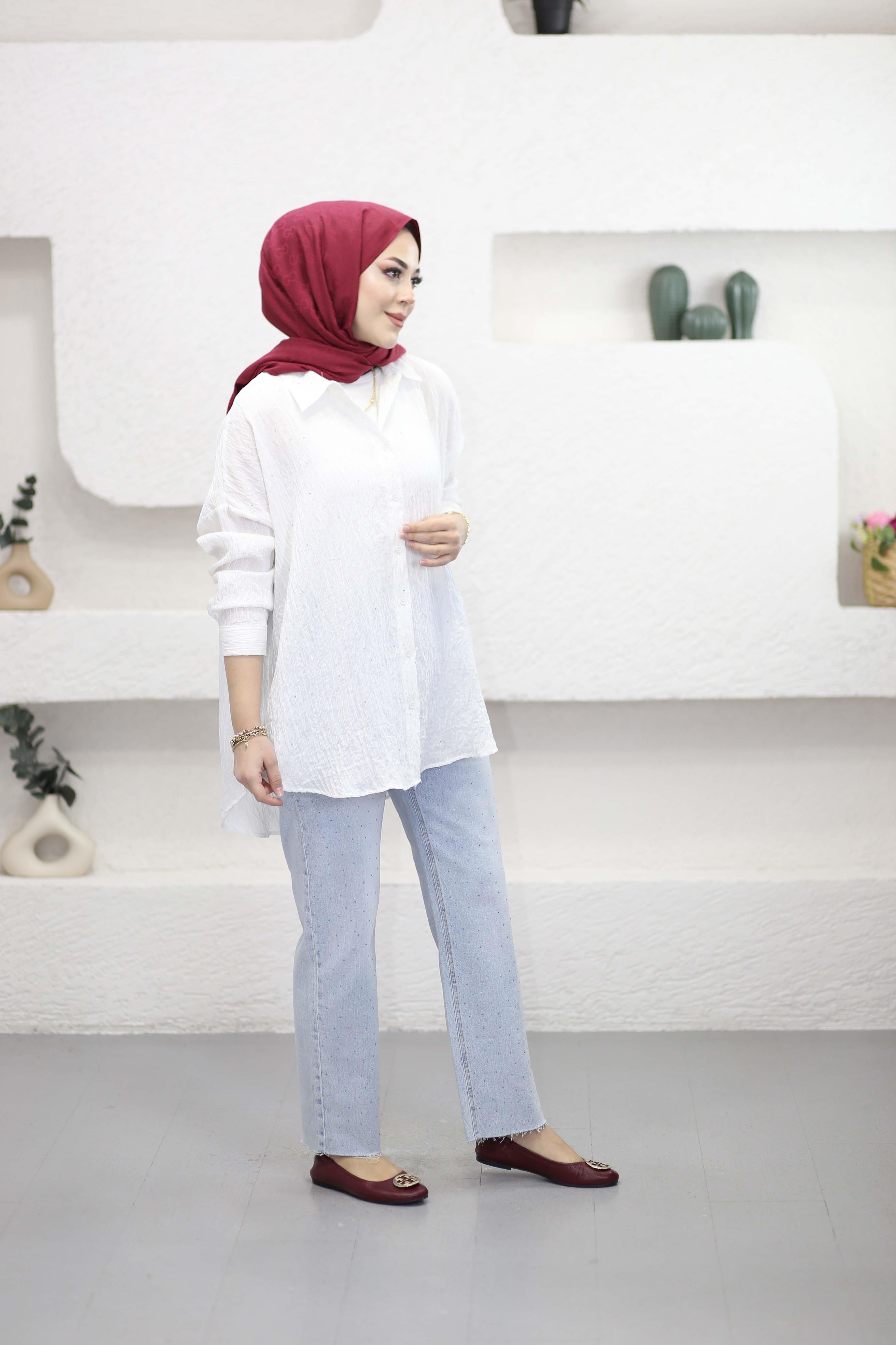 Pul Detaylı Gömlek Beyaz 3344