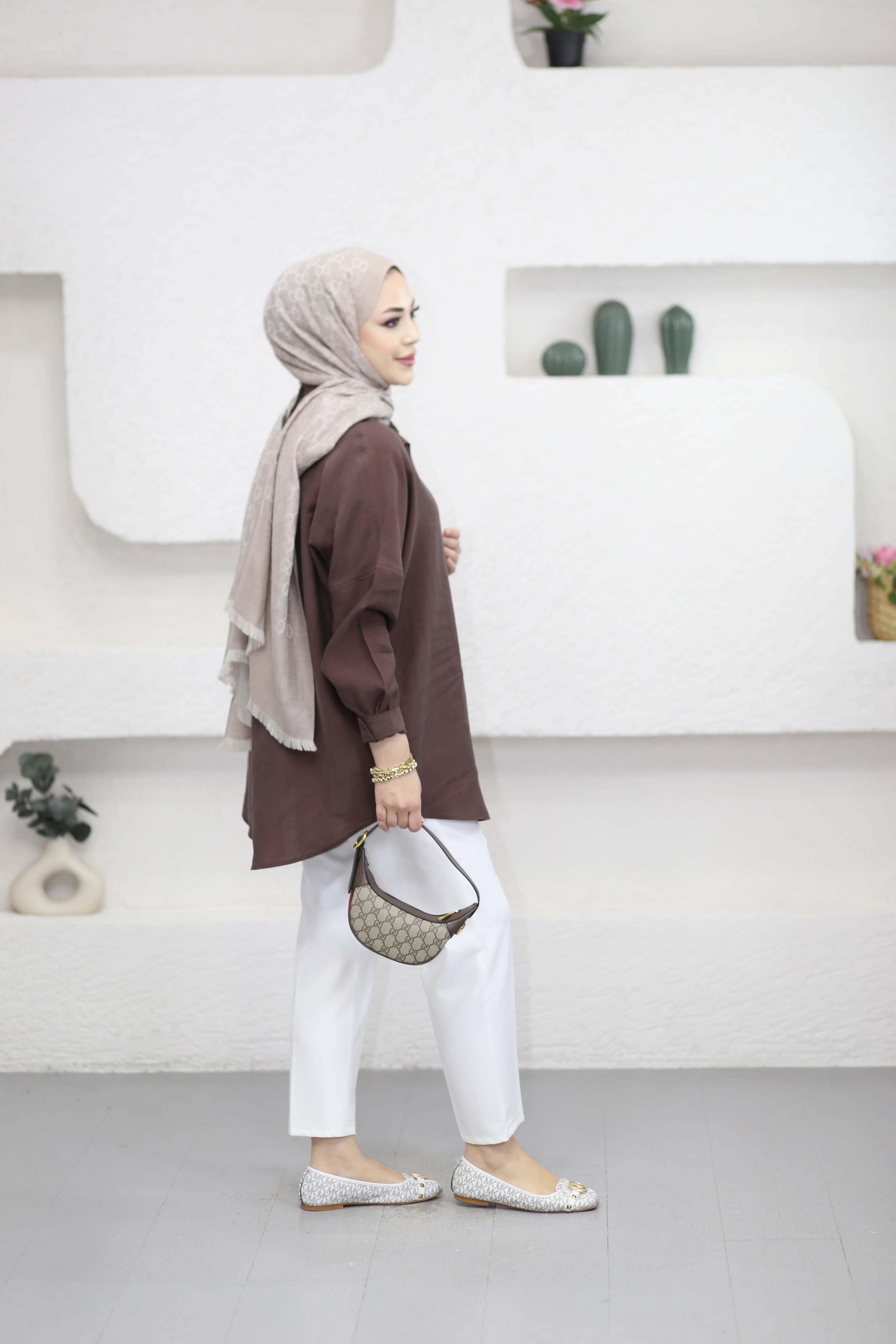 Düğmeli Salaş Gömlek Kahverengi 7539