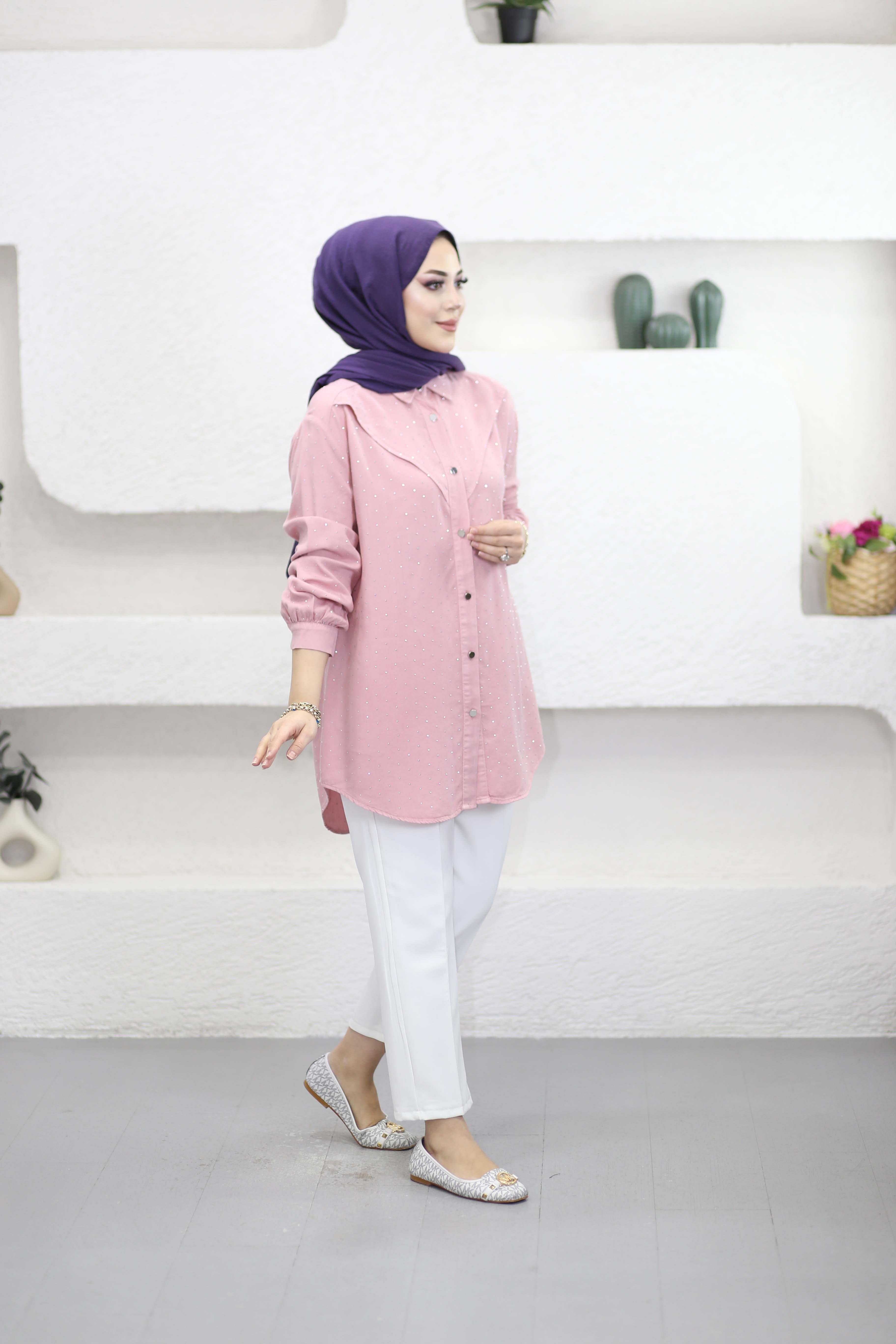 Taşlı Tencel Gömlek Pembe 7421