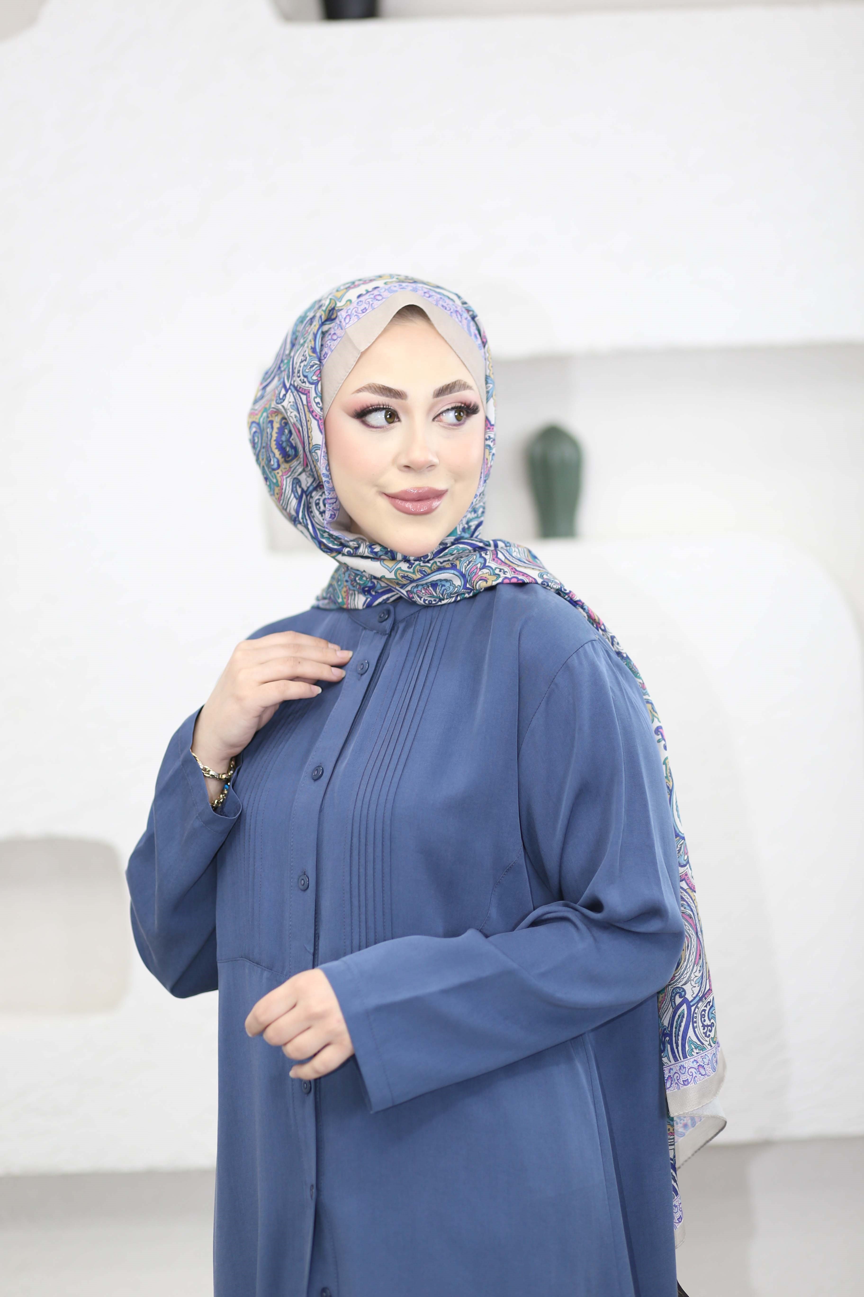 Önü Nervürlü Tensel Tunik İndigo 2076