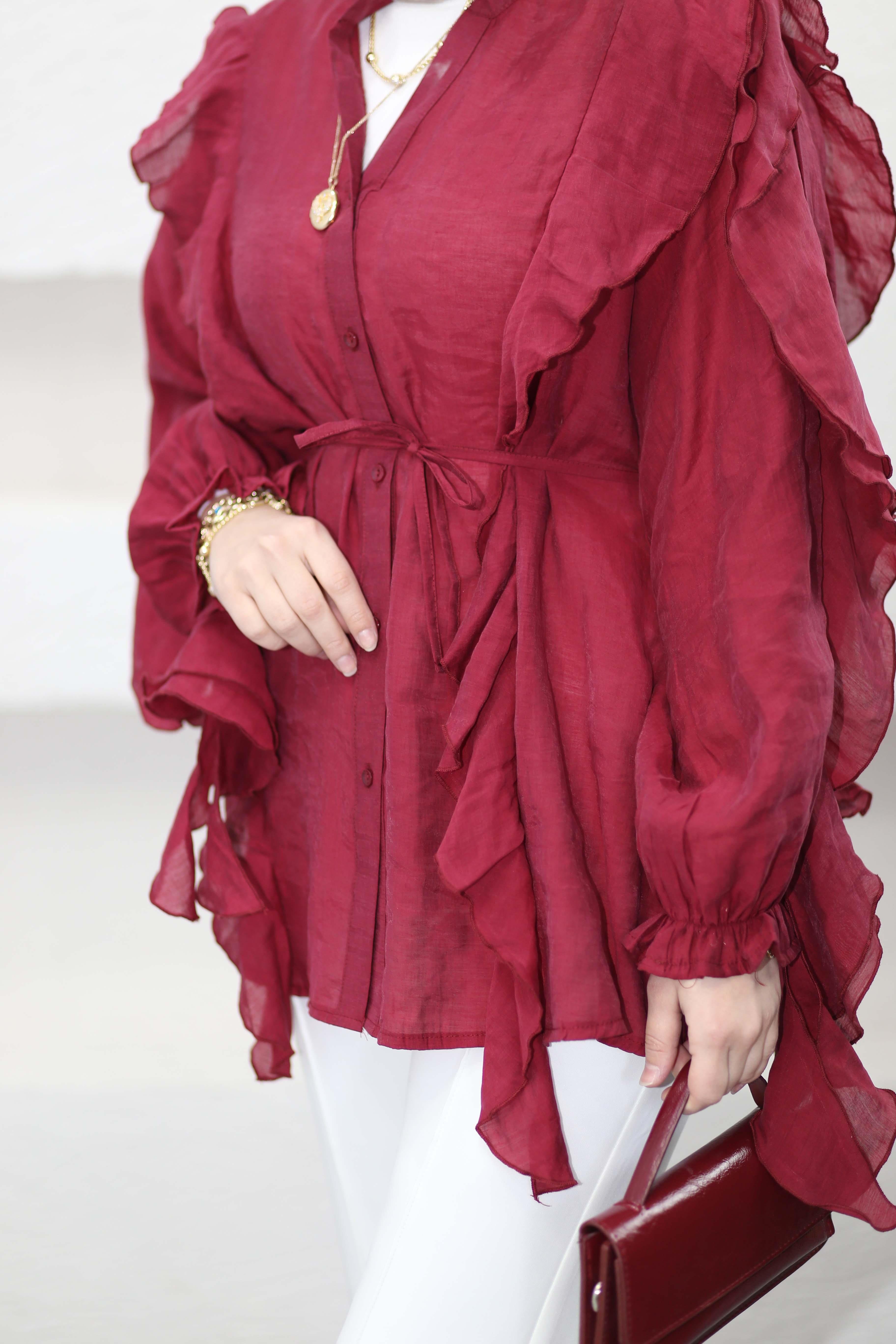 Volan Detaylı Gömlek Bordo 3240