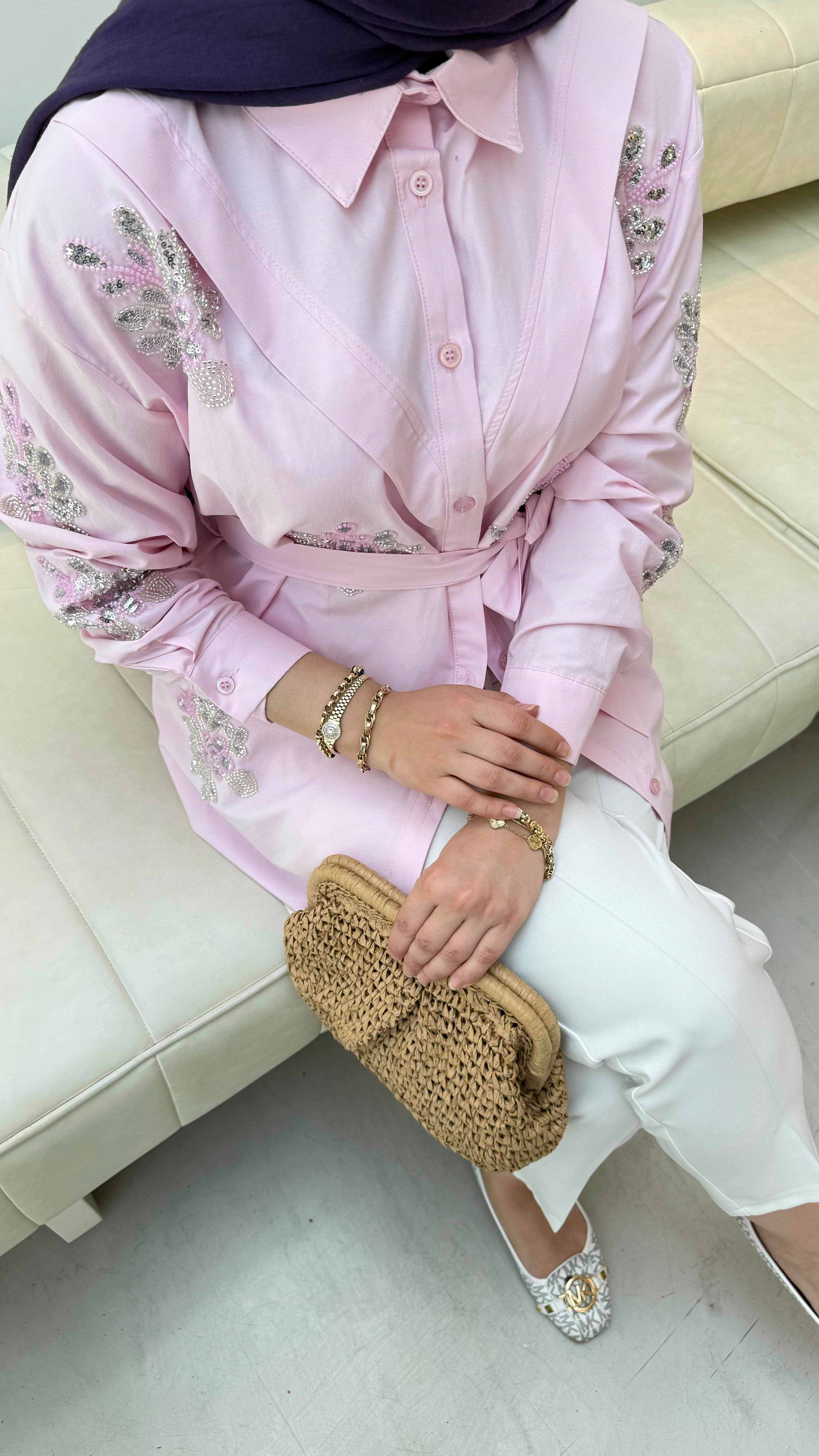 Taşlı Kuşaklı Gömlek Pembe 170325