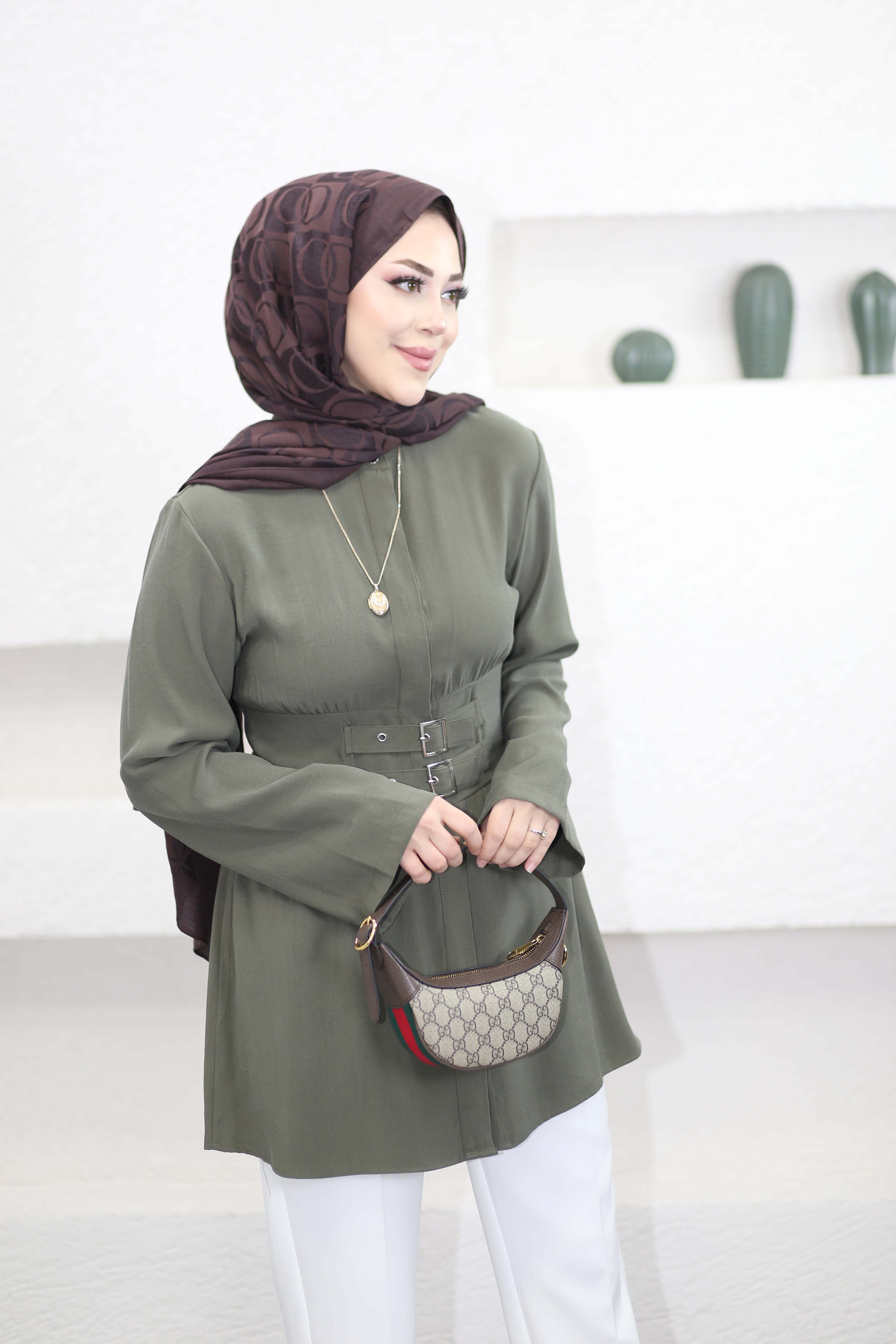 Beli Oturtma Kemerli Gömlek Haki 7523