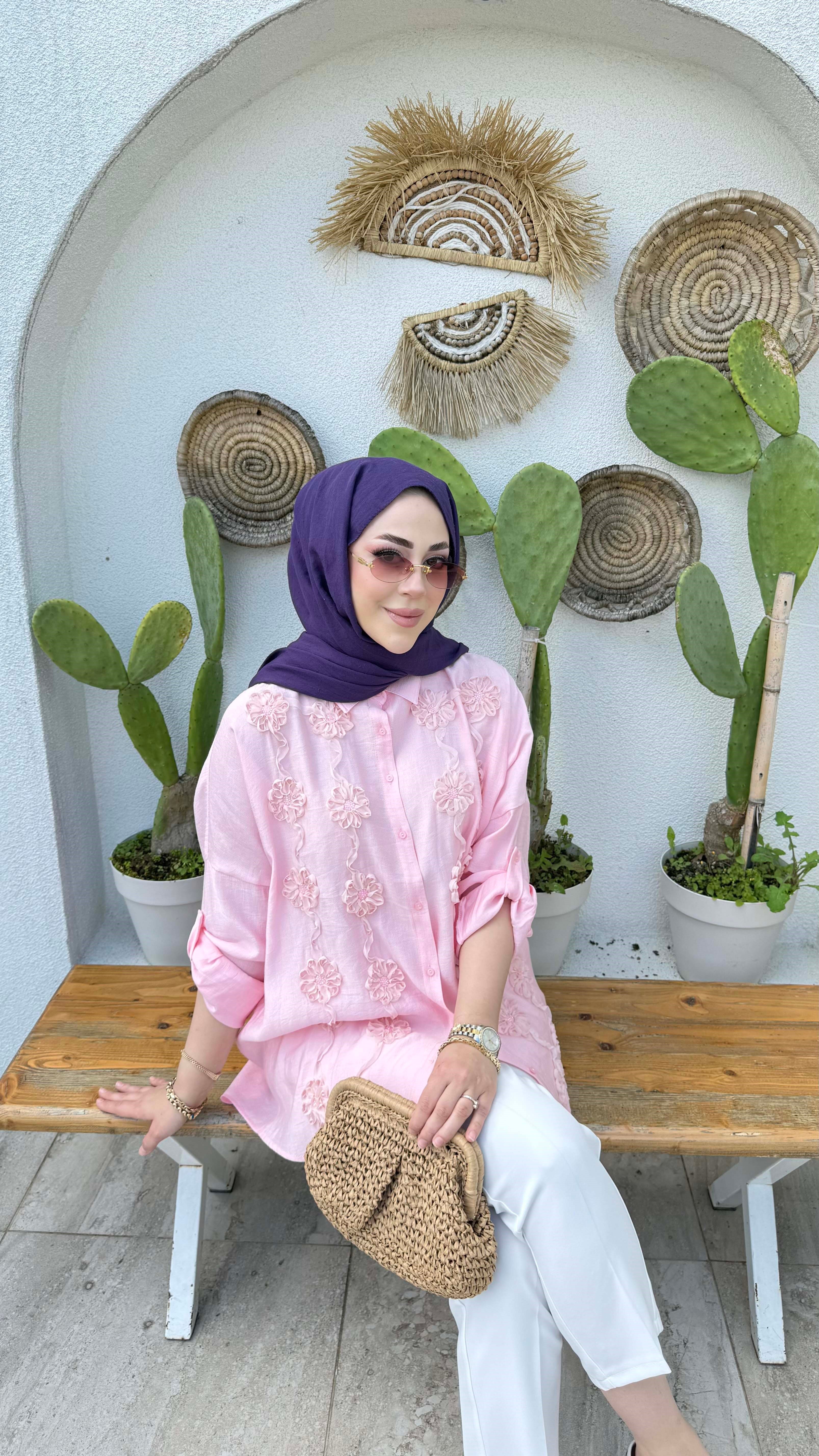 Çiçek Tüllü Gömlek Pembe 5479