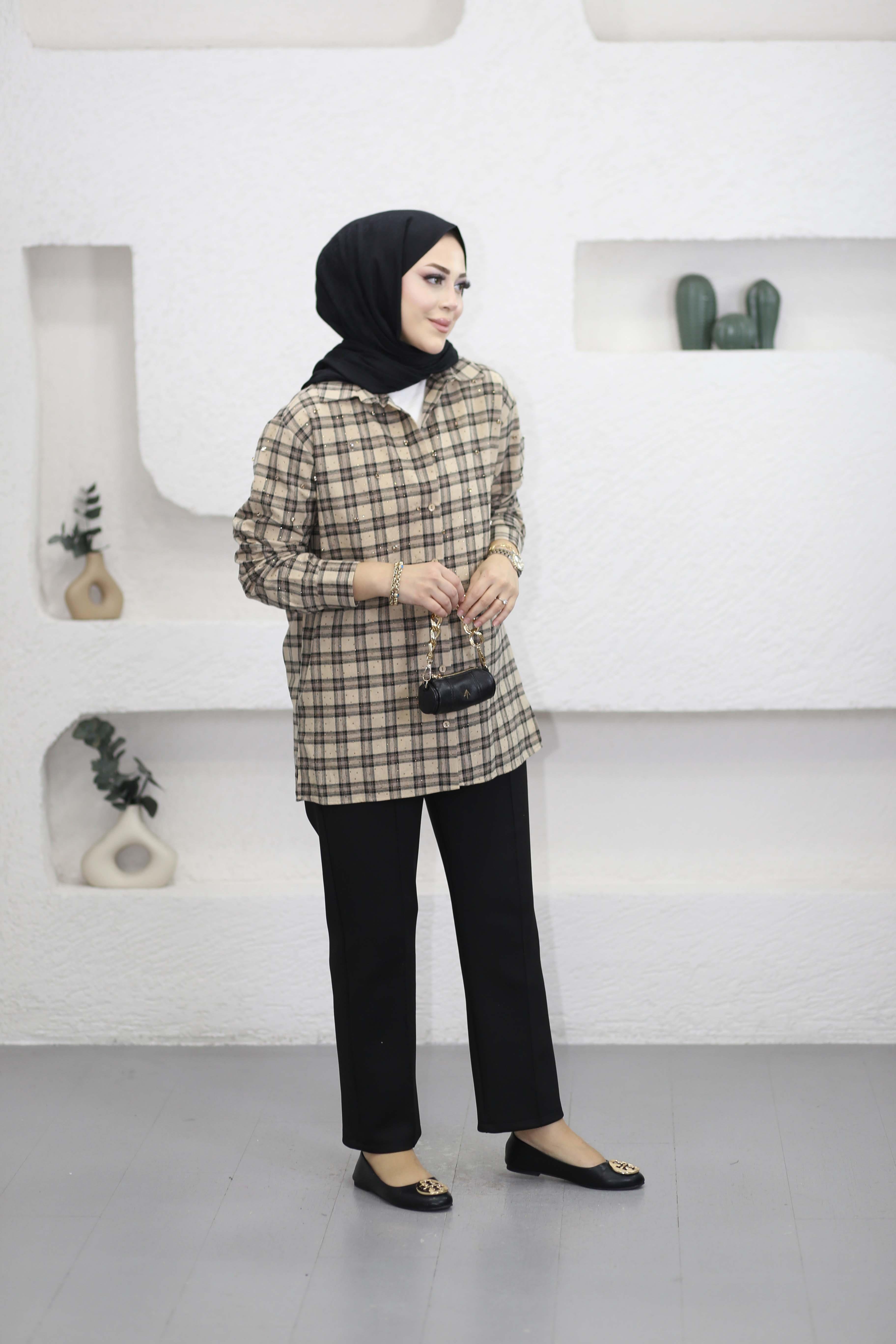 Taşlı Ekose Gömlek Bej 250355