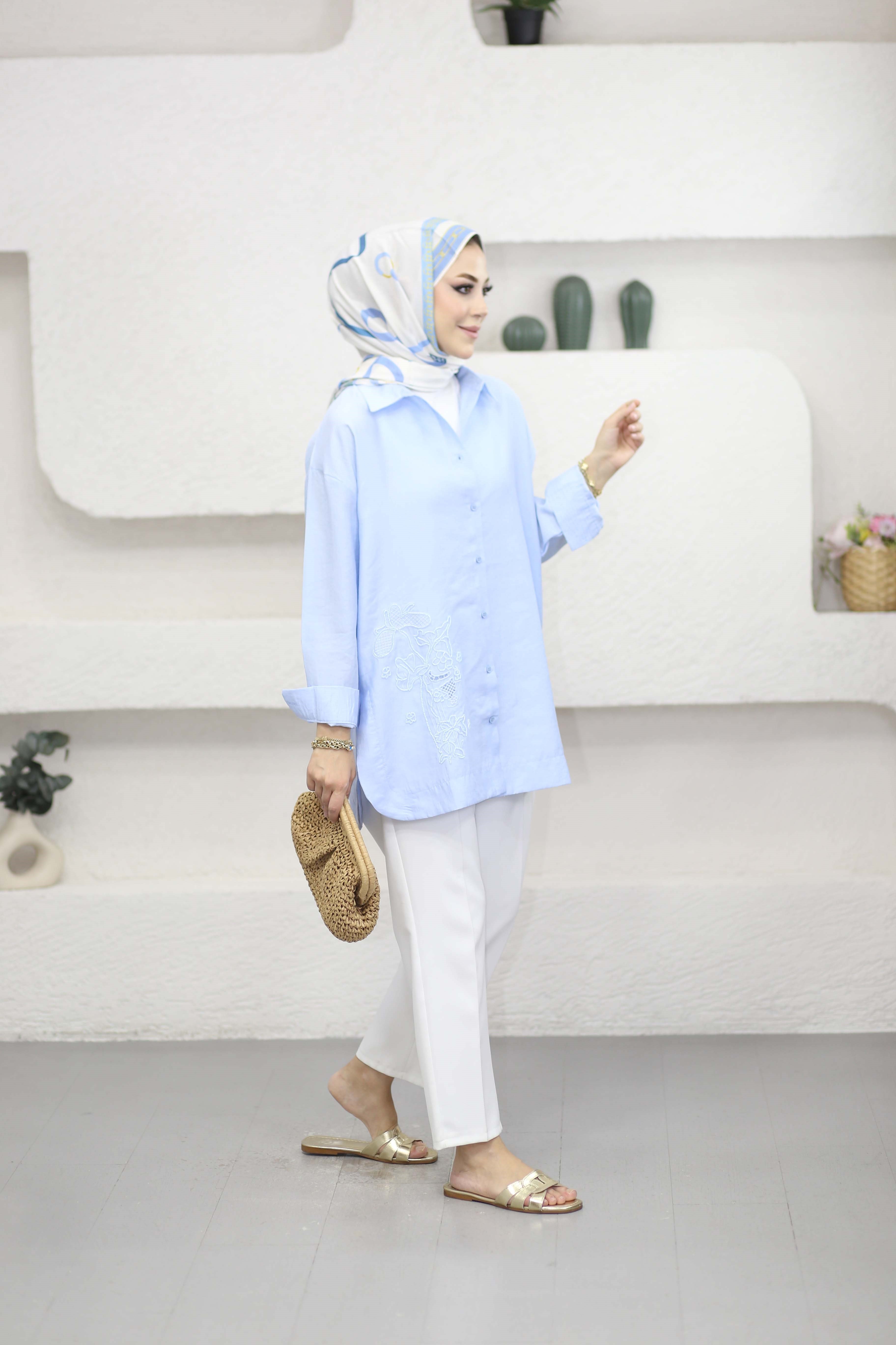 Boncuk Nakış Detaylı Gömlek Bebe Mavi 2964