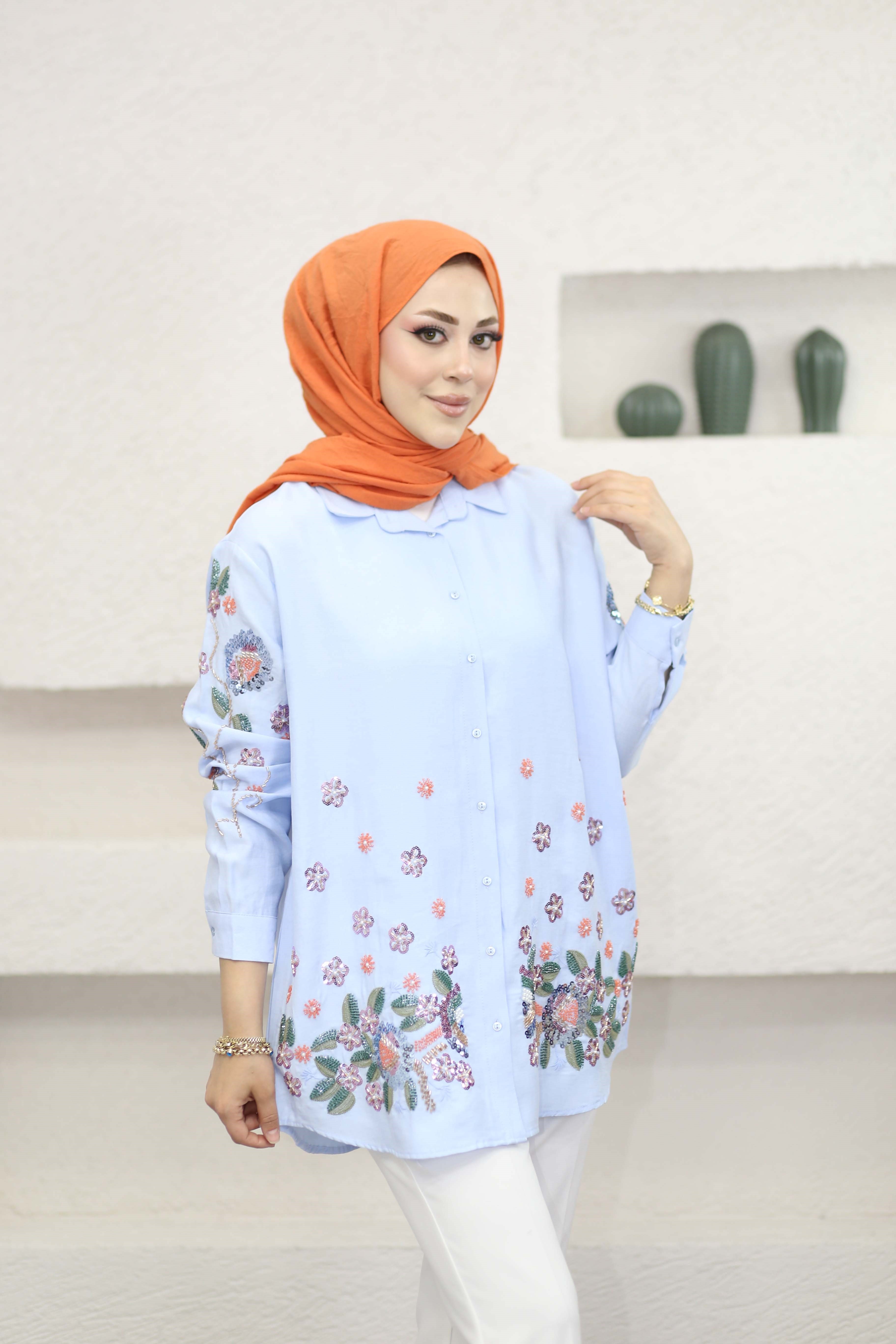 Payetli Çiçek Gömlek Bebe Mavi 2167