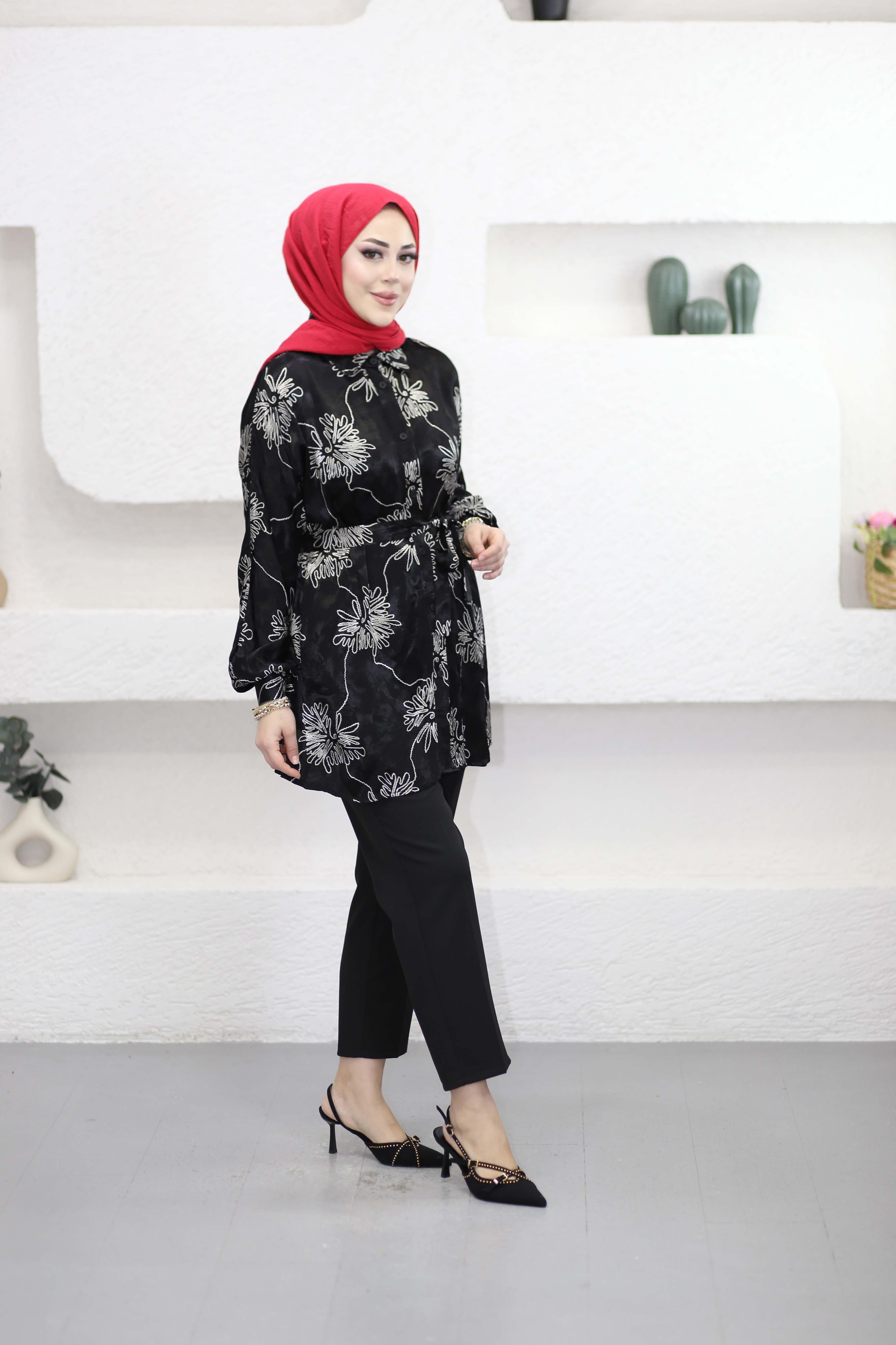 Şık Desenli Beli Kuşaklı Gömlek Siyah 250356