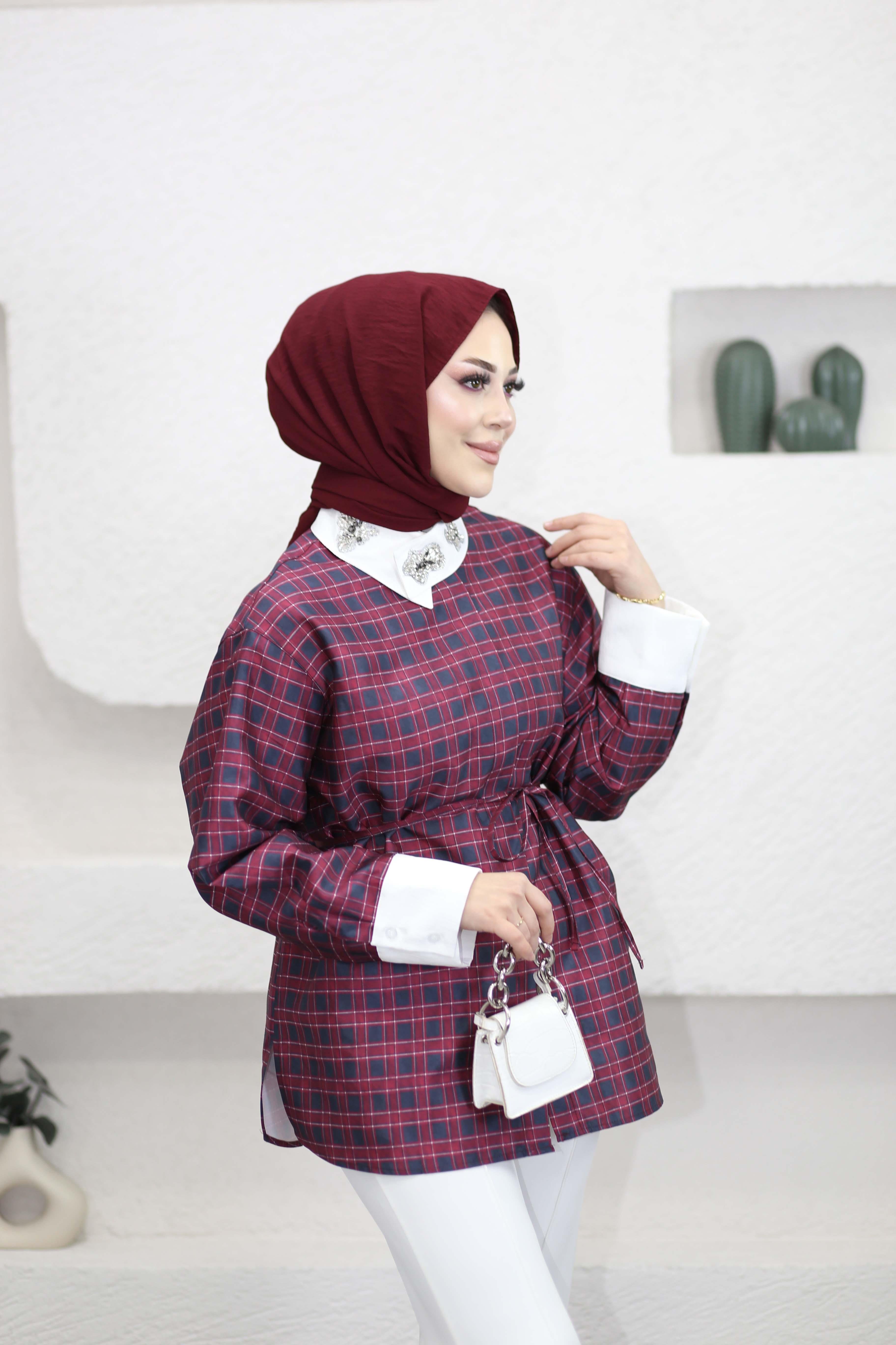 Taş Yakalı Ekose Gömlek Bordo 556