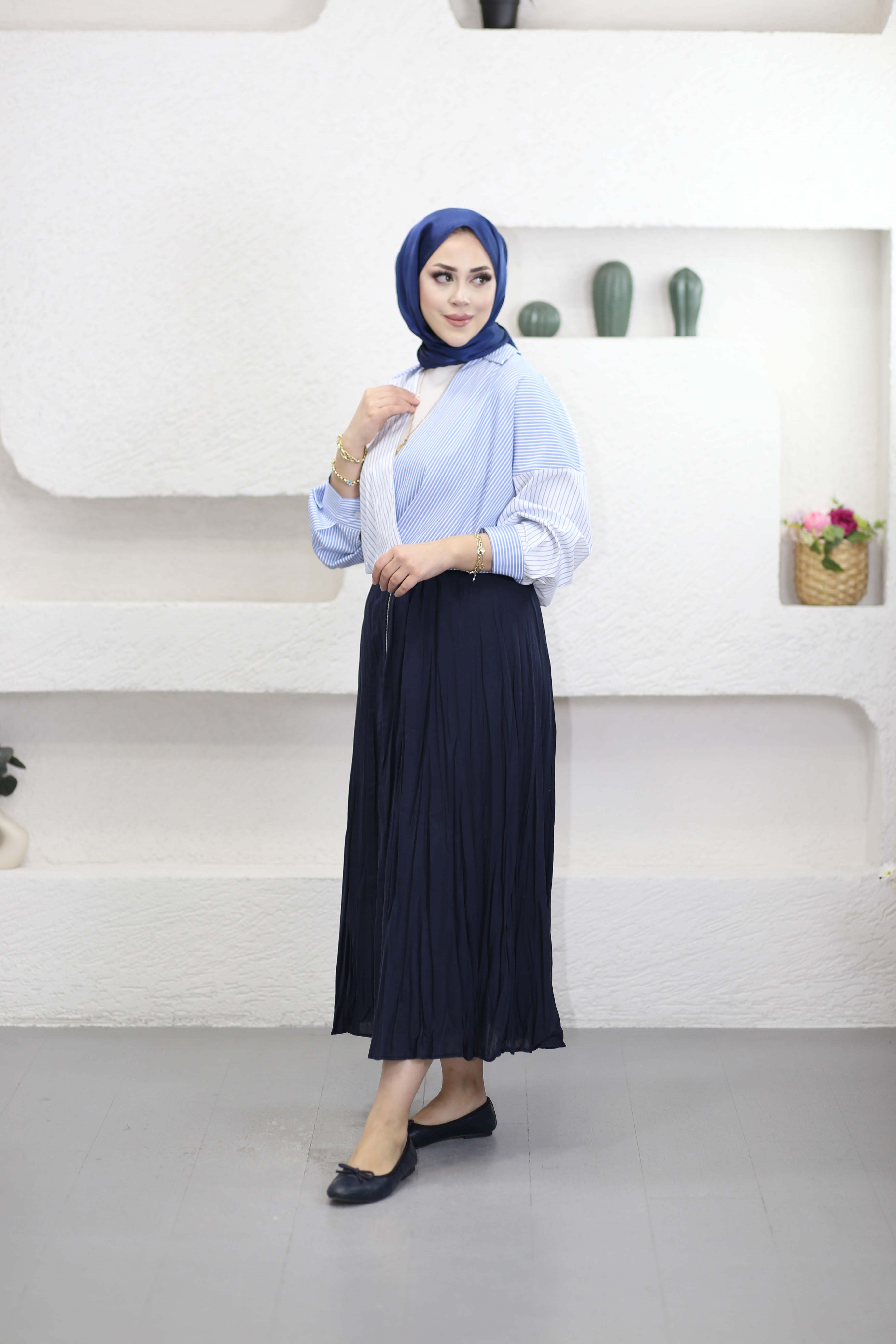 Çizgili Patchwork Gömlek Mavi 3132