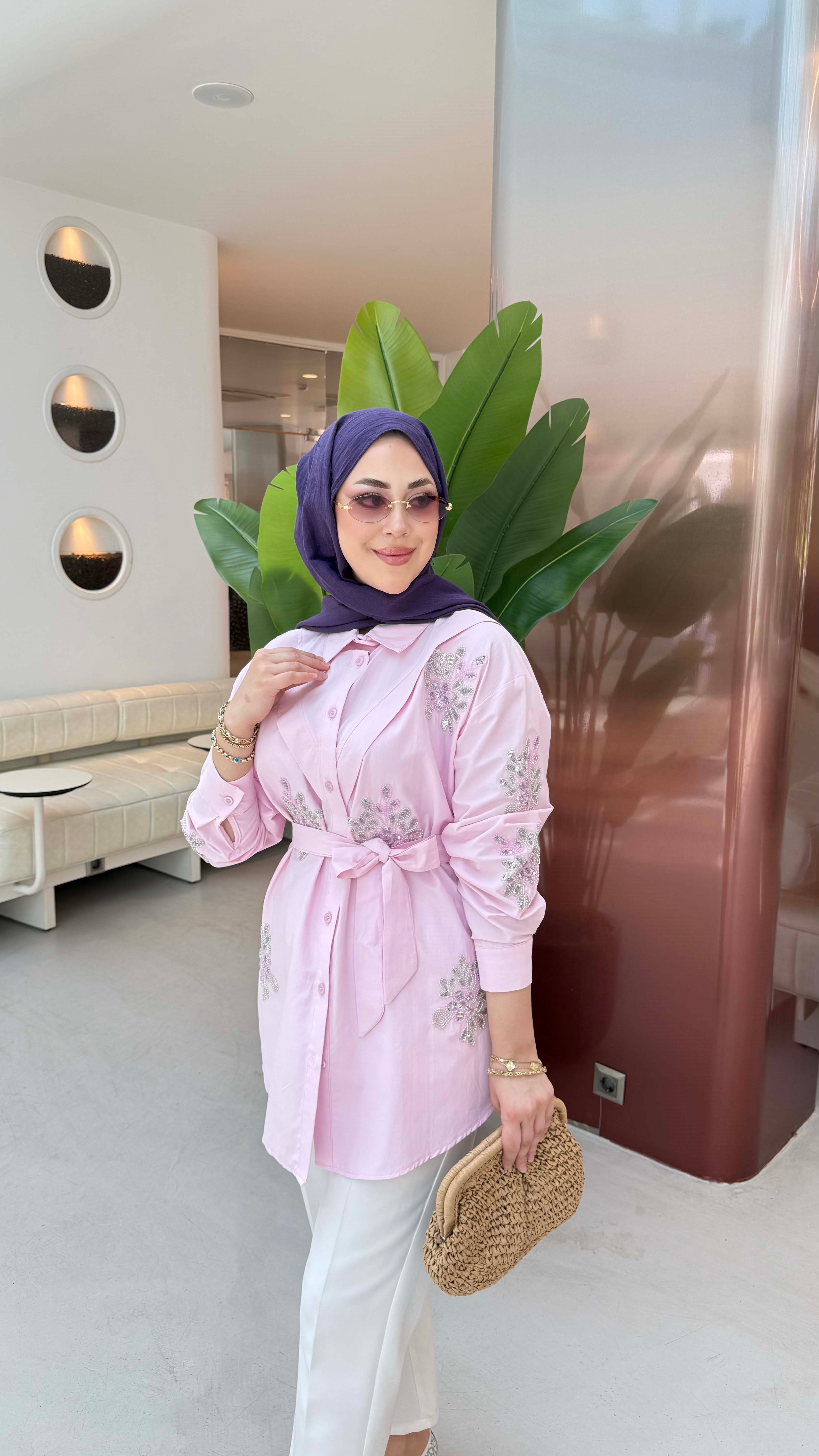 Taşlı Kuşaklı Gömlek Pembe 170325
