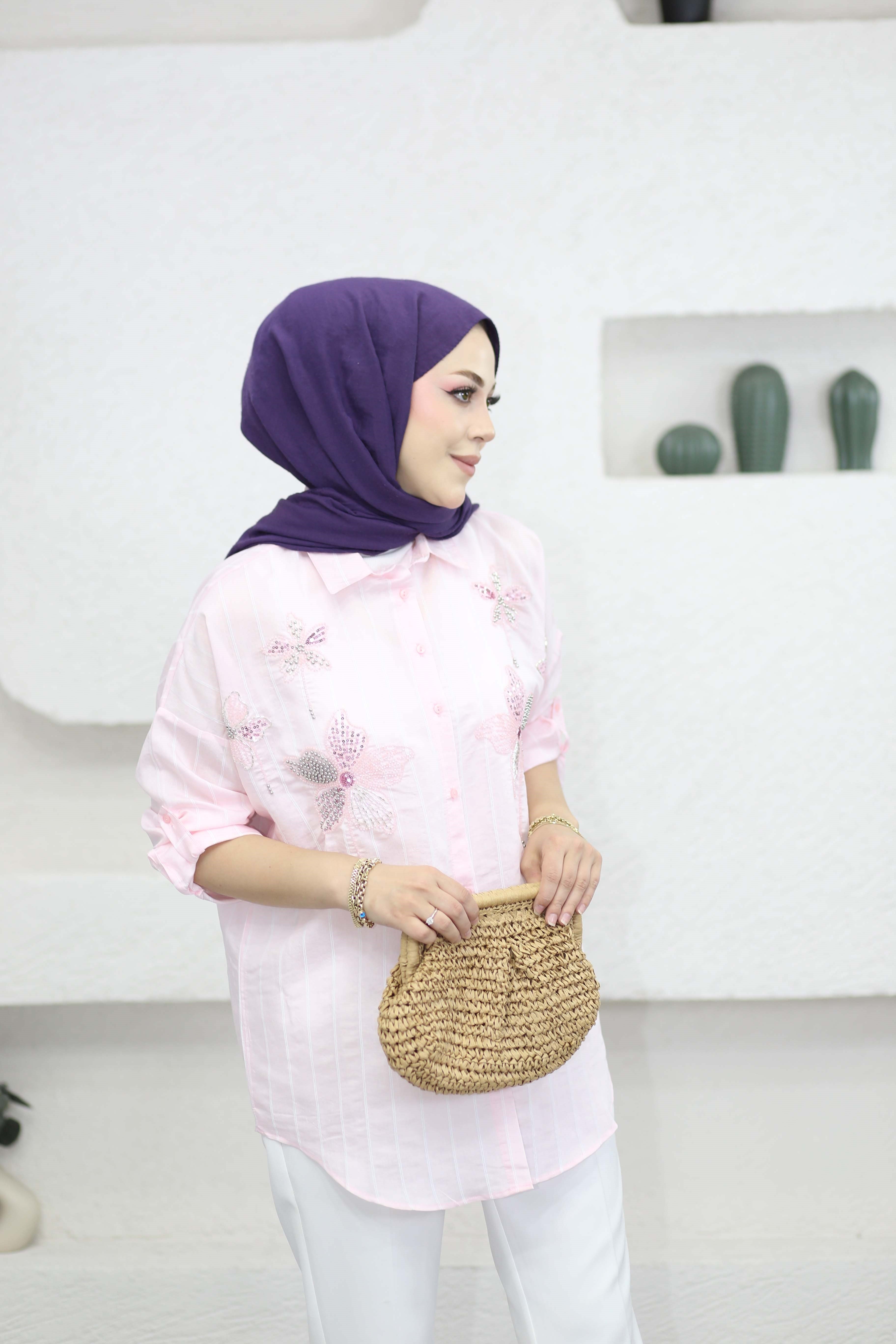 Paysall Nakışlı Gömlek Pembe 5187
