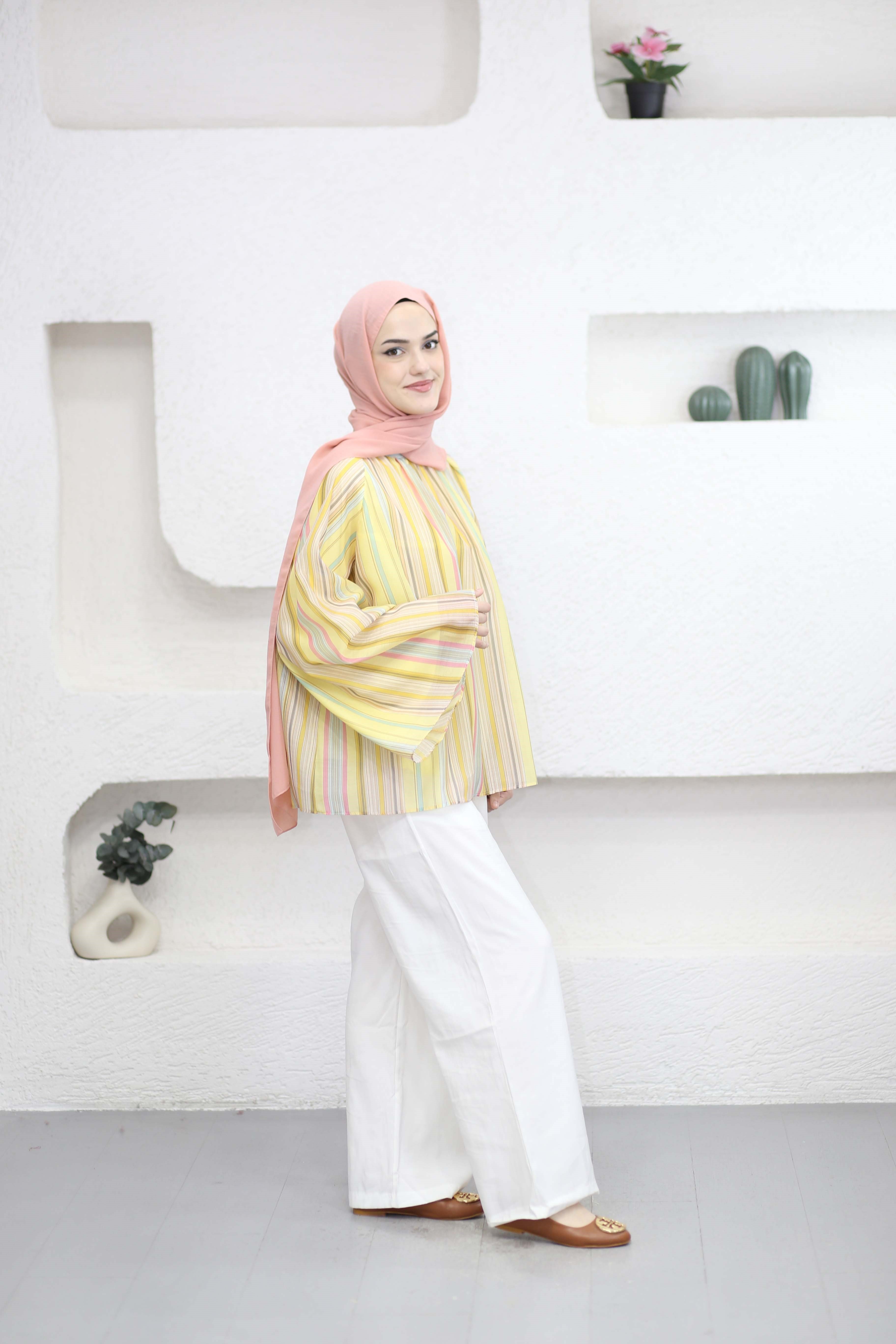 Çizgili Emprime Bluz Sarı 2798