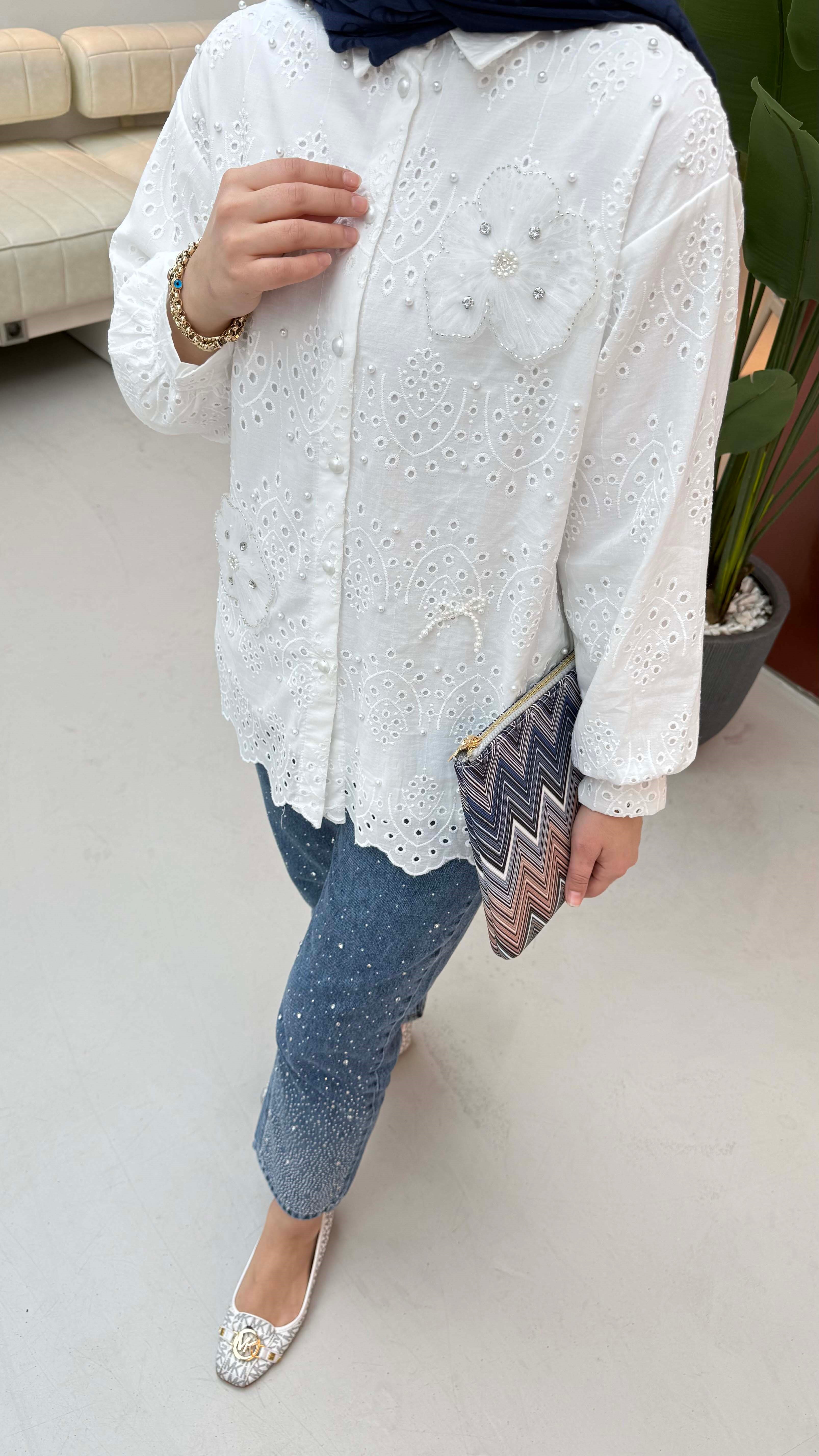 Tül Çiçek İncili Gömlek Beyaz 2004