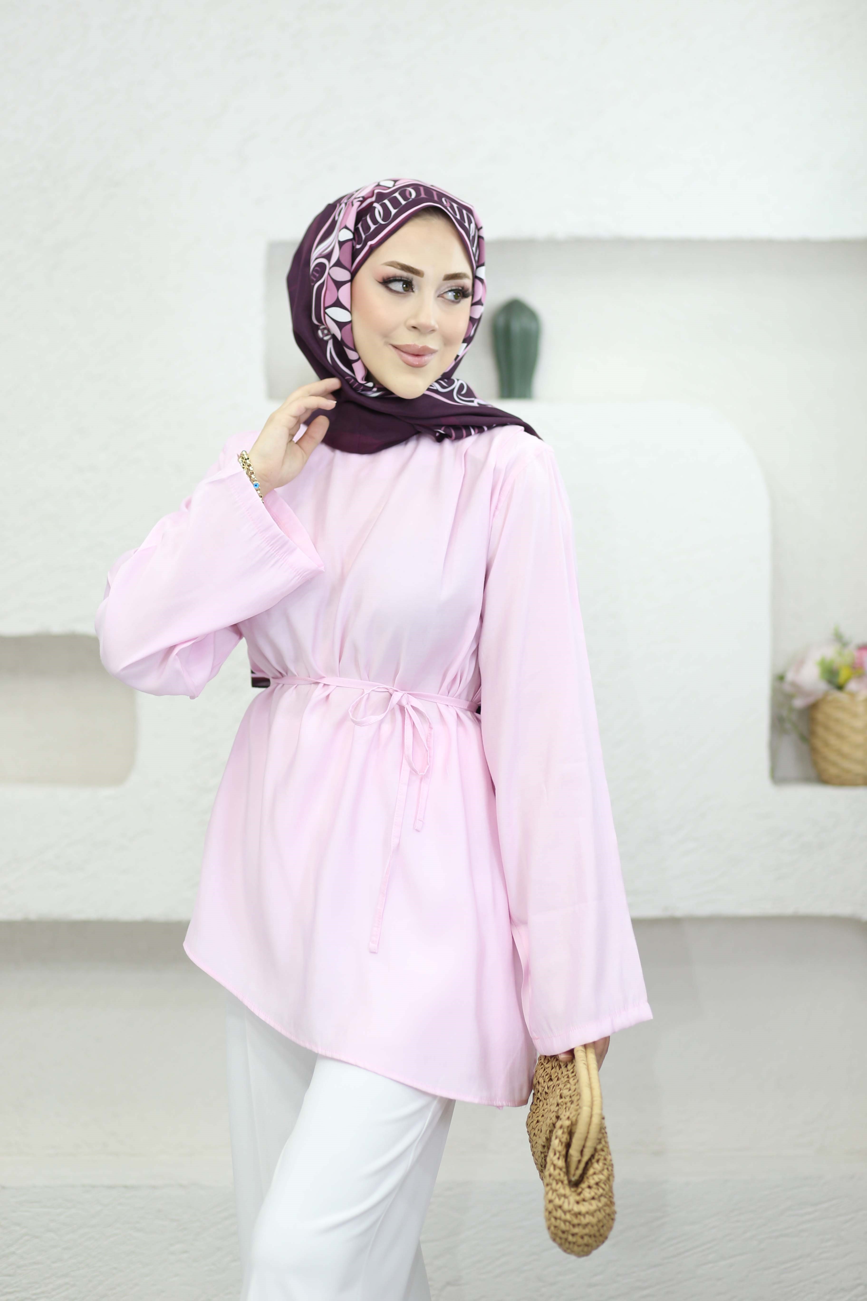 Omzu Pileli Asimetrik Gömlek Pembe 3472