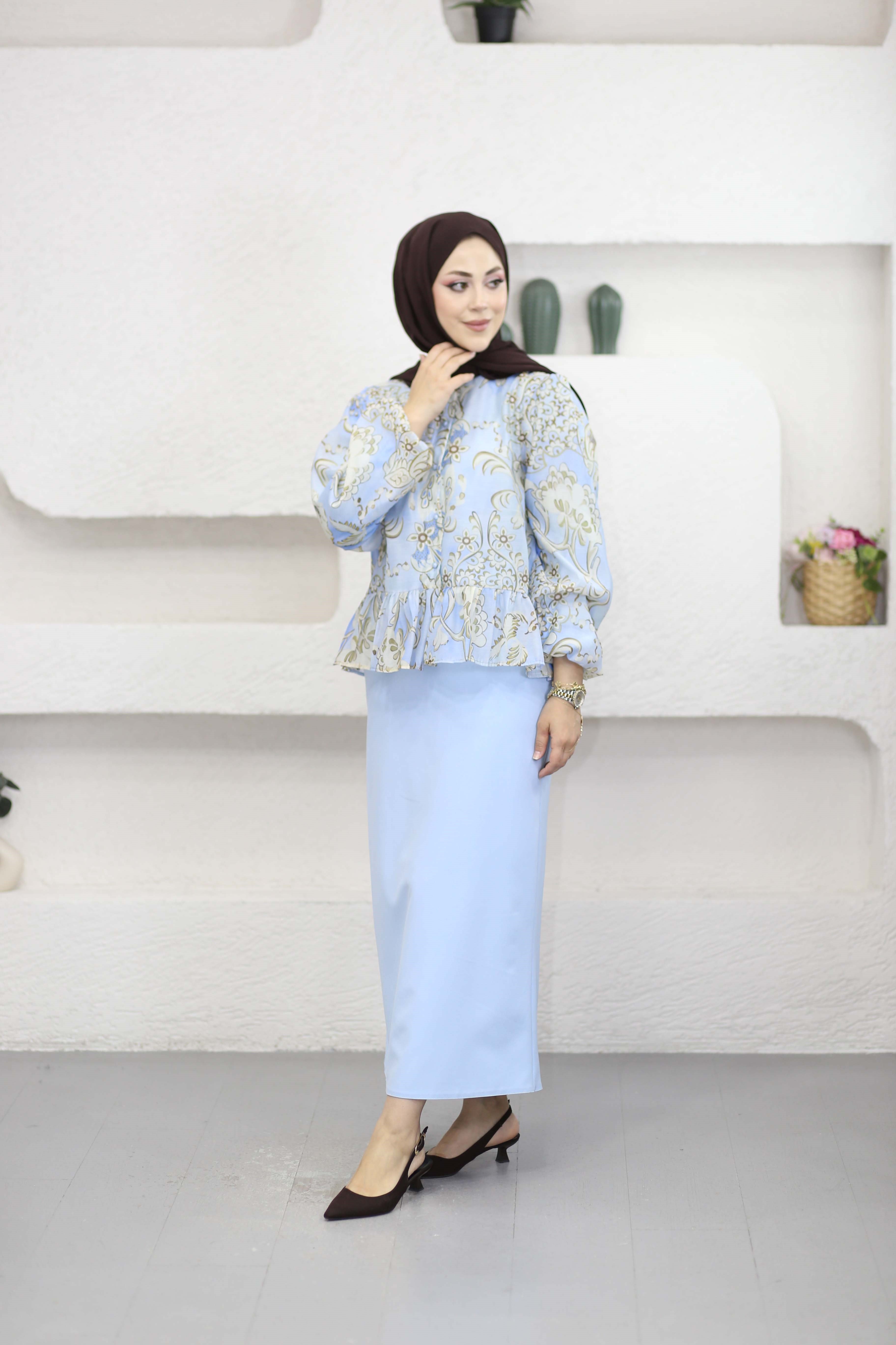 Fırfırlı Desenli Tunik Mavi 0228
