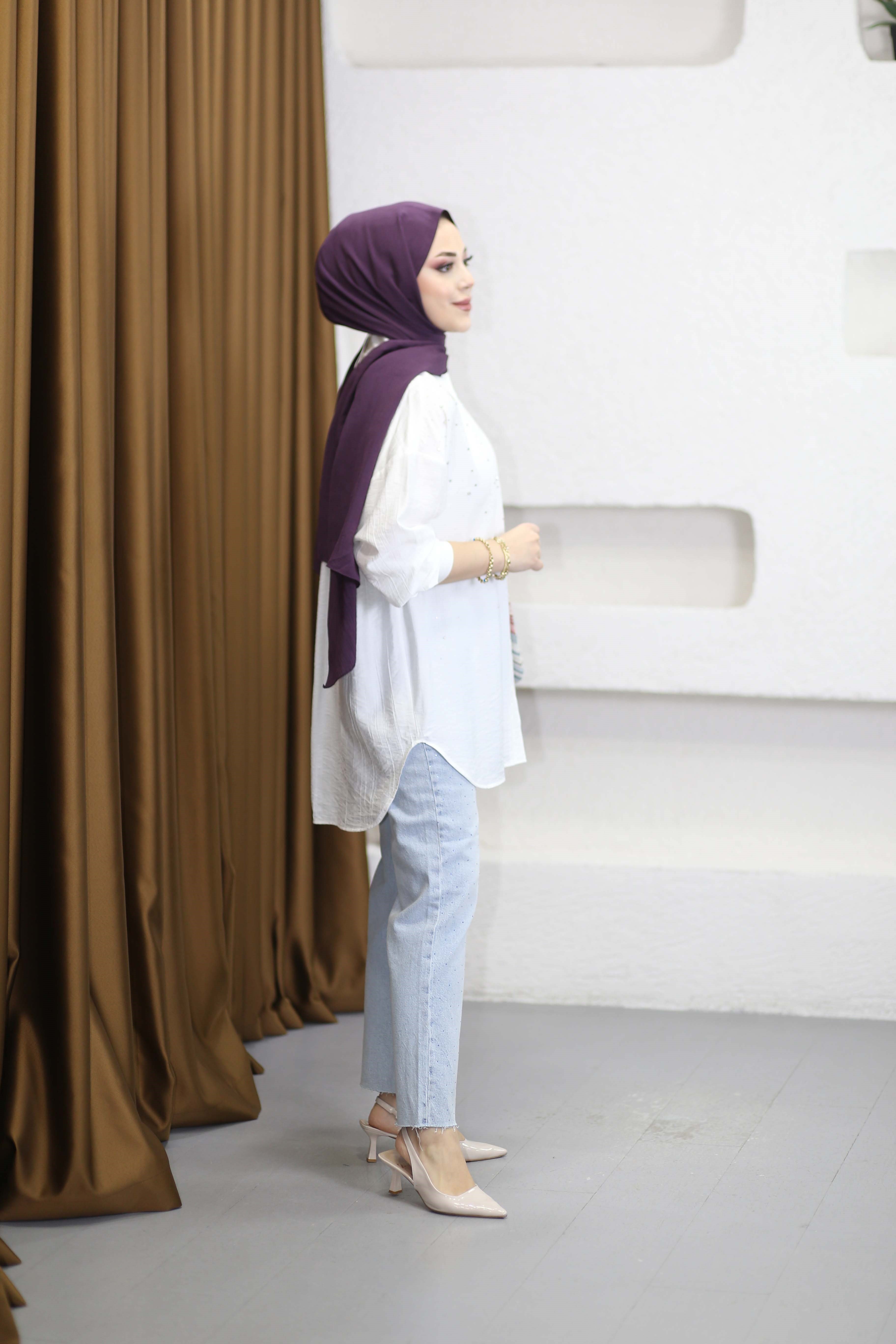 Taşlı Oversize Gömlek Beyaz 34818