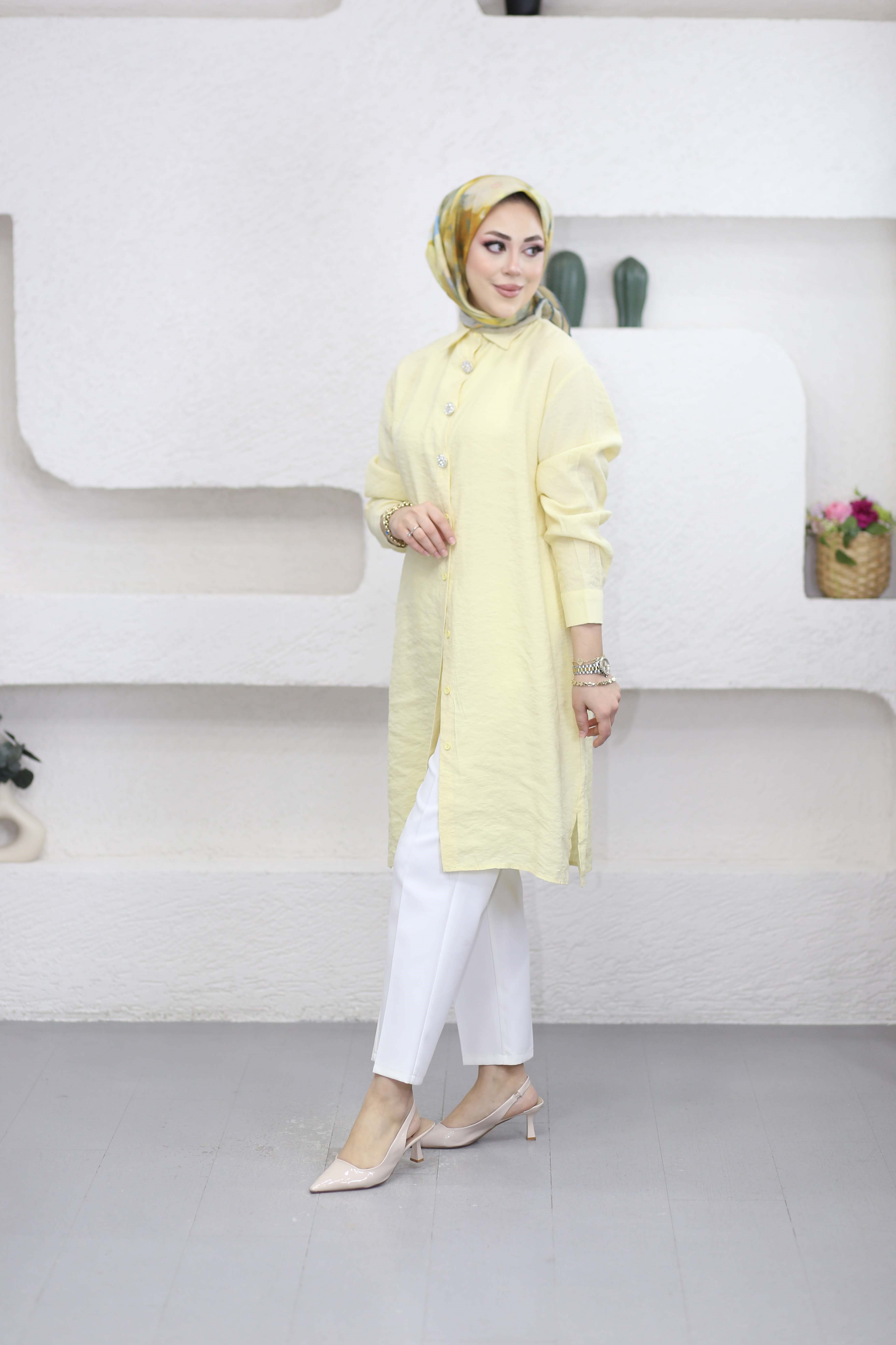 Şeritli Stil Uzun Gömlek Sarı 260148