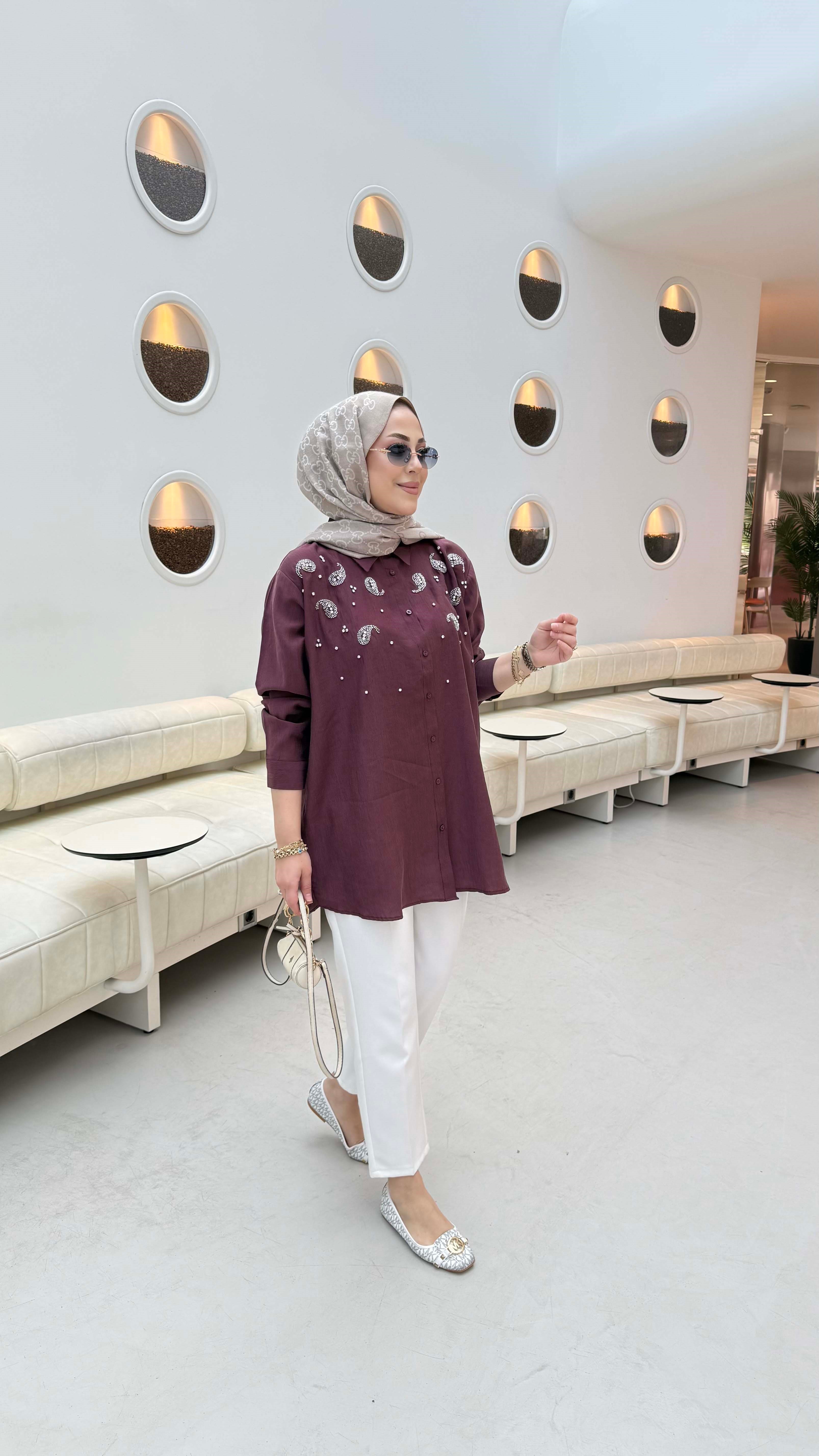 Taş İşleme Detaylı Gömlek Bordo 3387