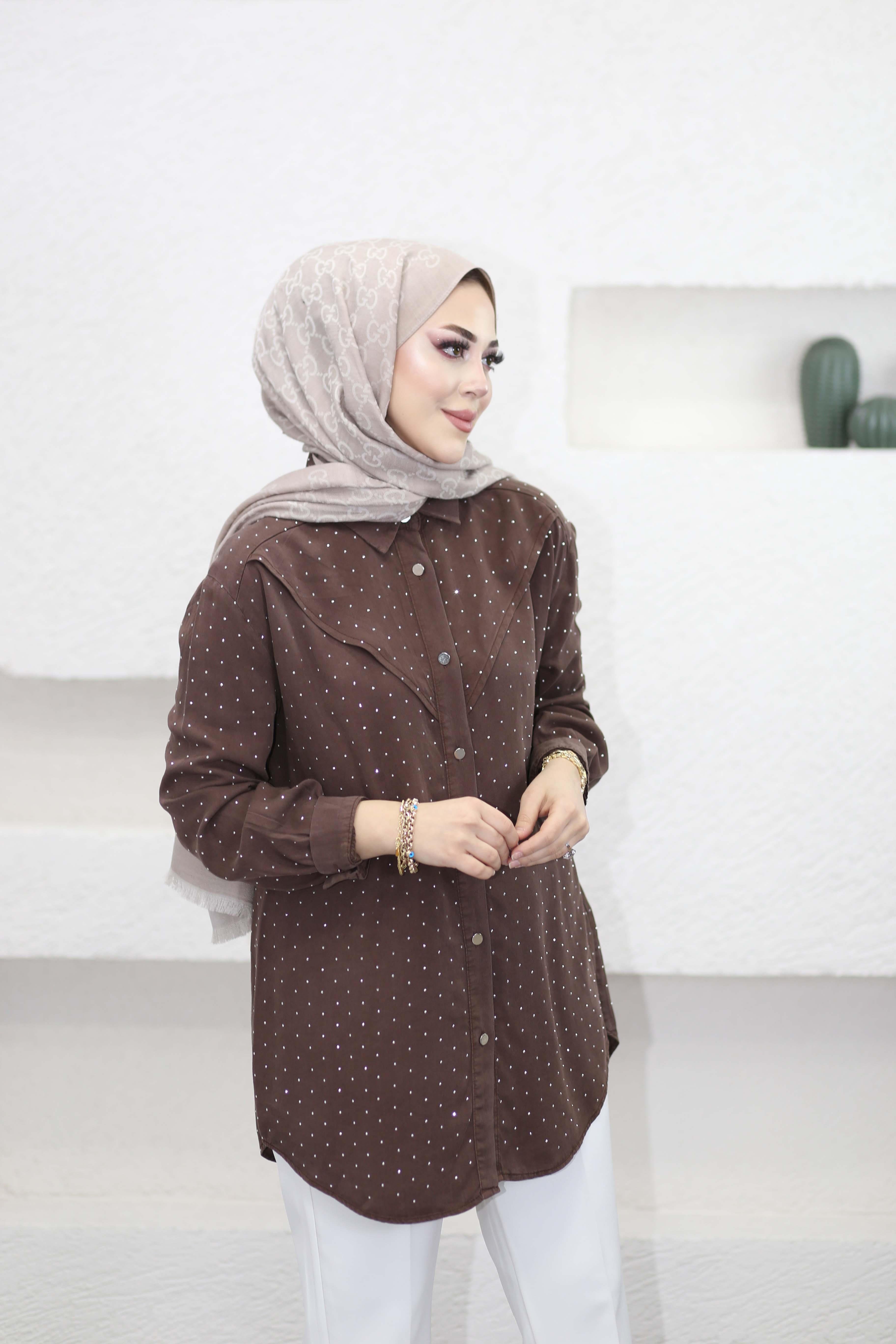 Taşlı Tencel Gömlek Kahverengi 7421