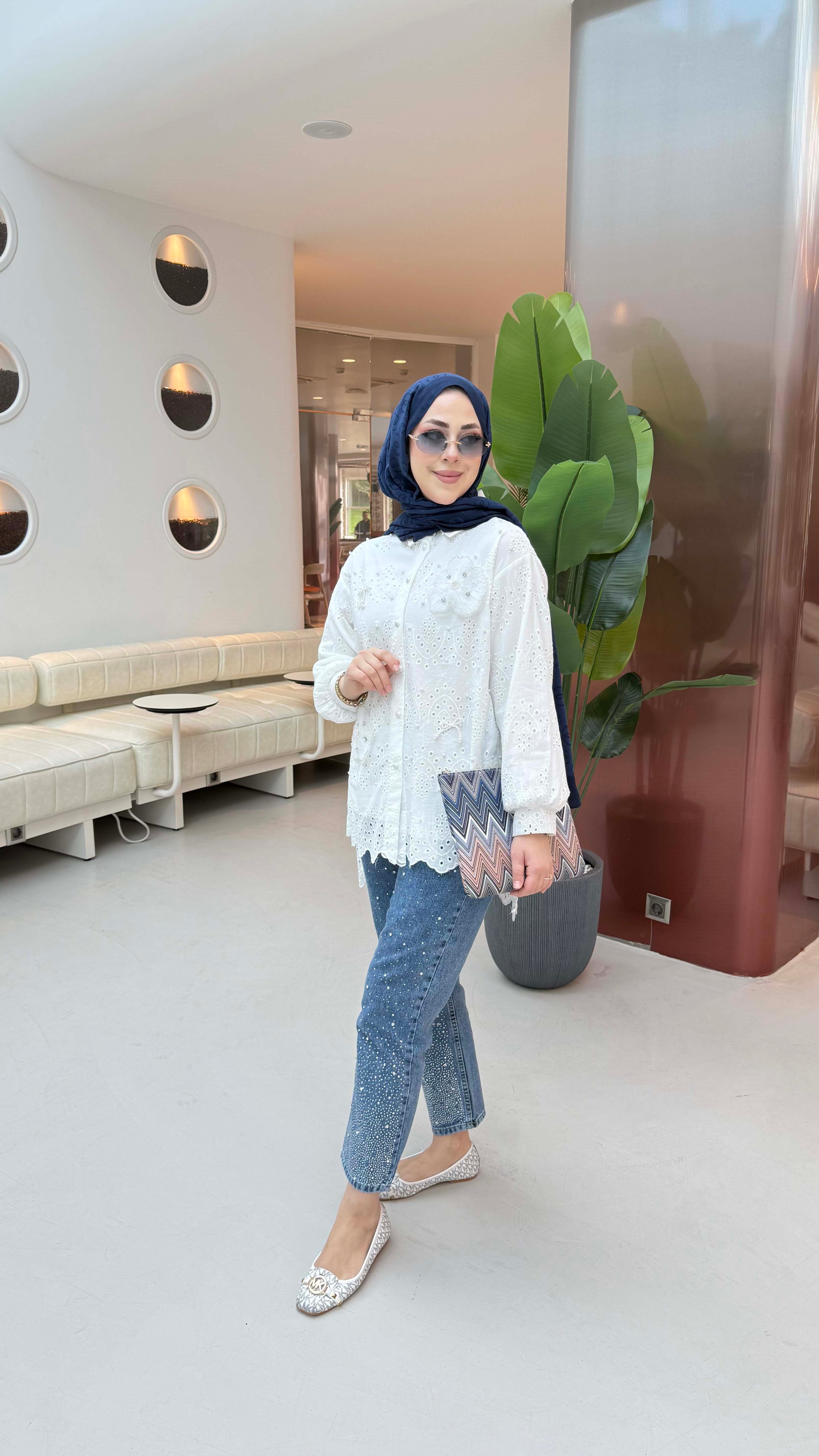 Tül Çiçek İncili Gömlek Beyaz 2004