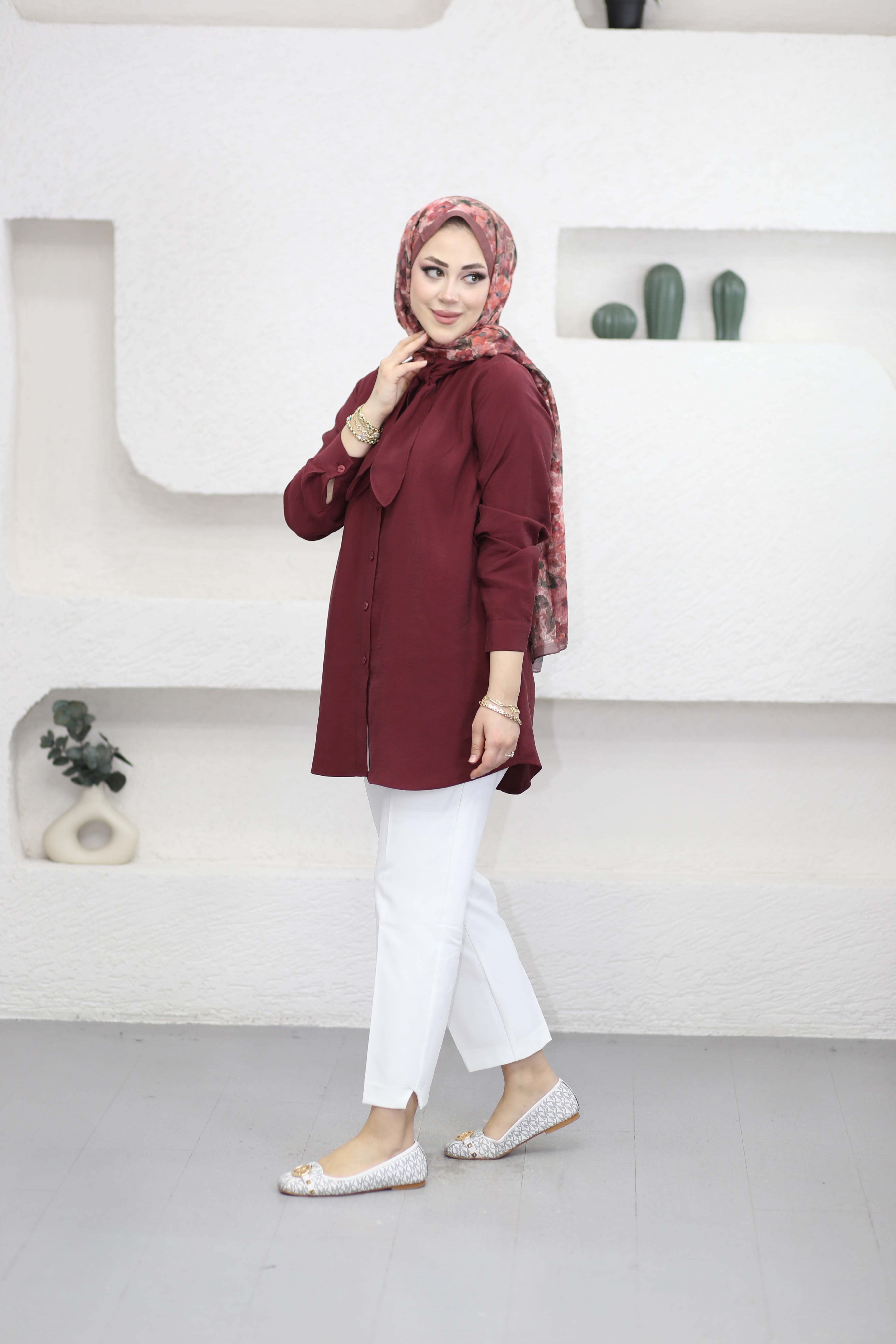 Yakası Fularlı Modal Tunik Bordo 2145