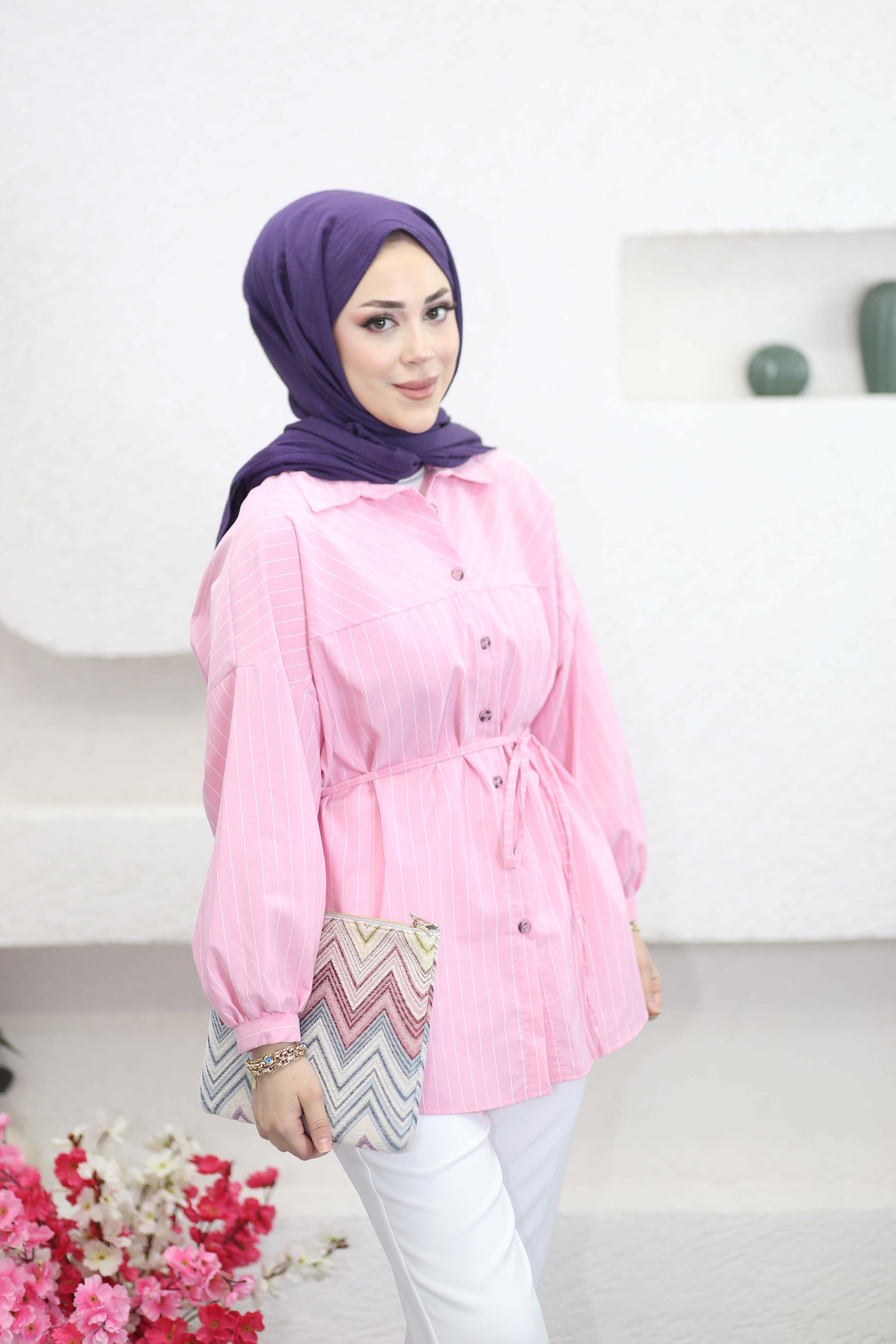 Kuşaklı Oversize Basıc Gömlek Şeker Pembe 6446