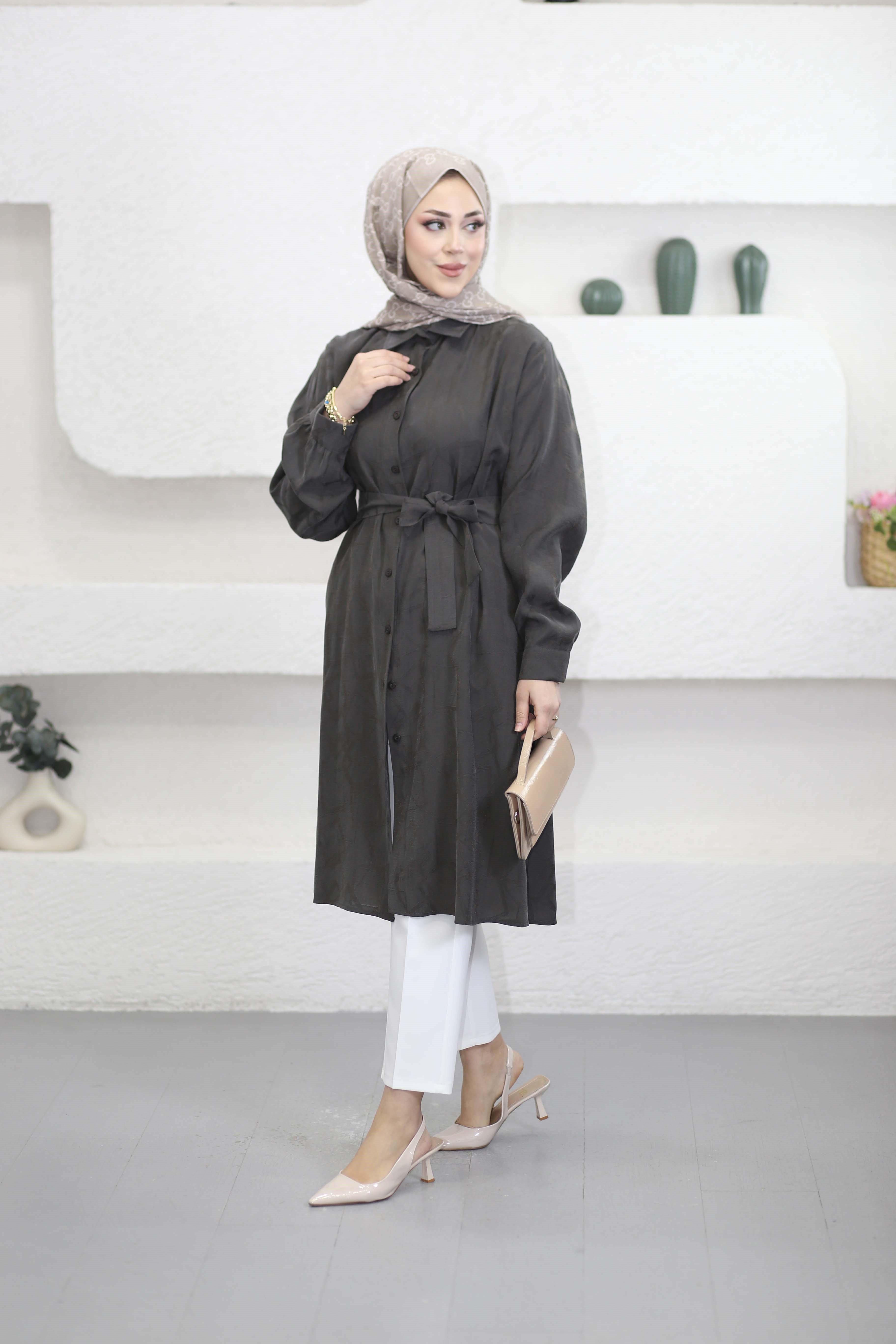 Kendinden Desenli Araboy Tunik Füme 4657