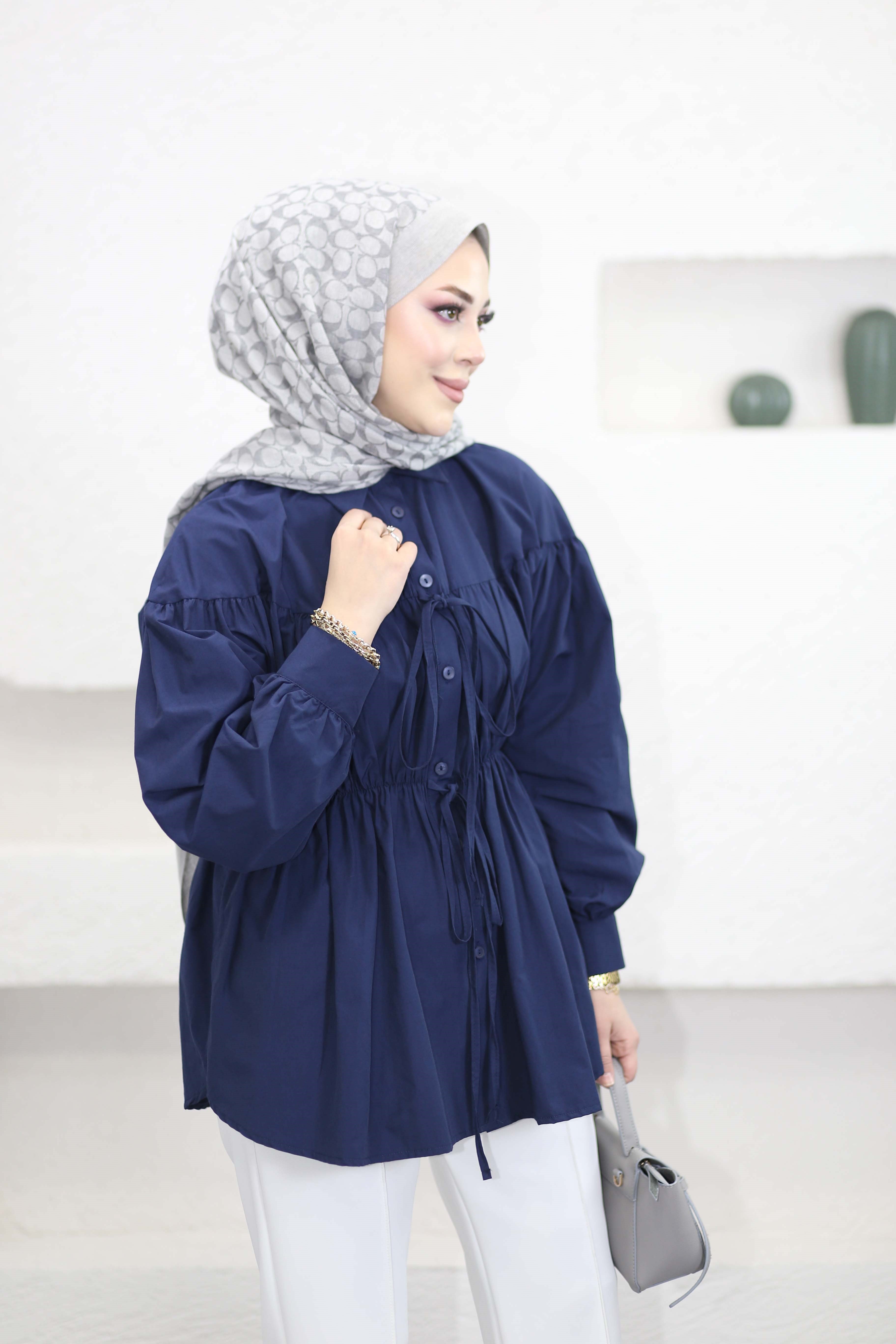 Reglan Kollu Önü Bağcıklı Gömlek Lacivert 1964
