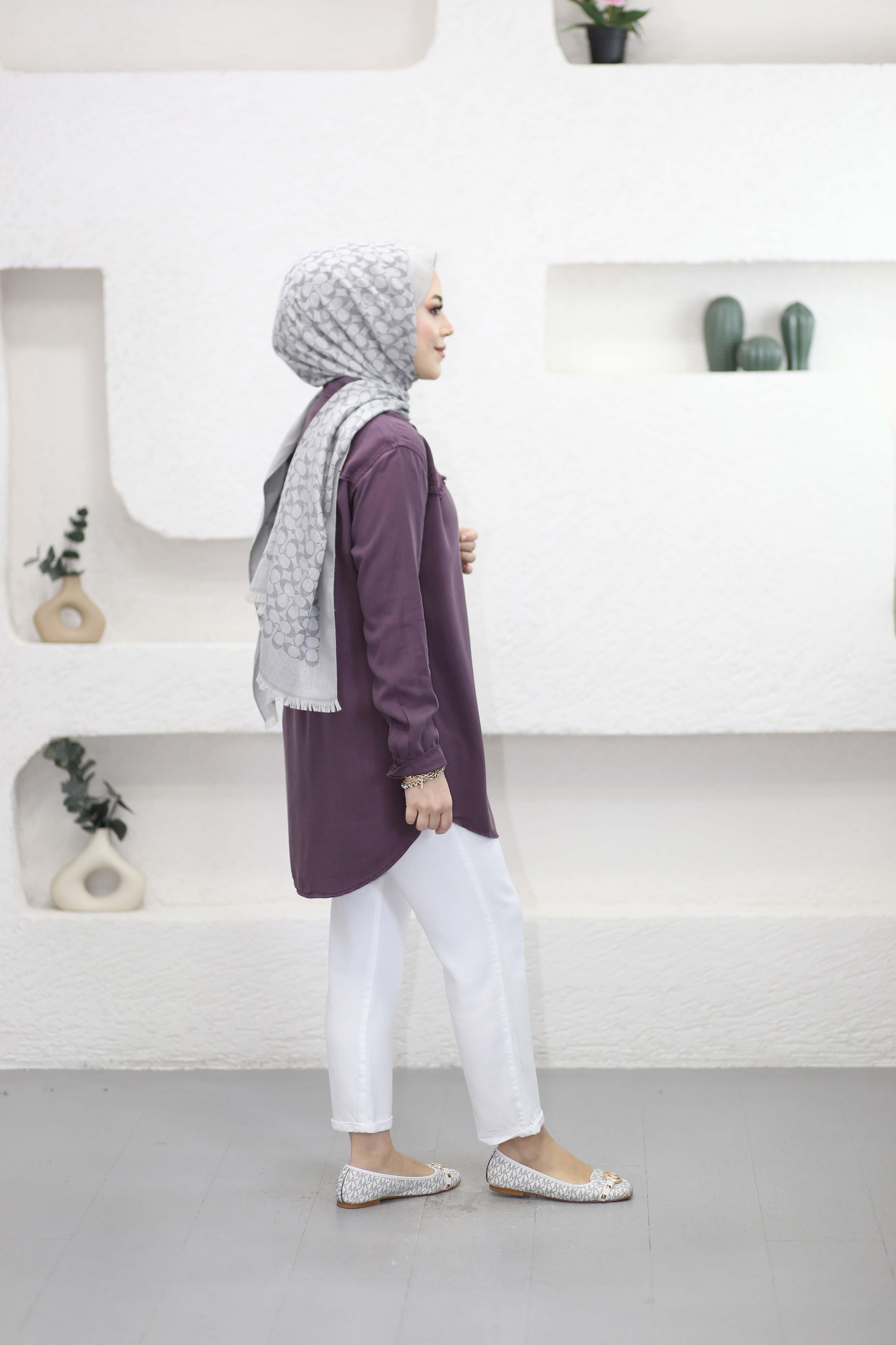 Düğmeli Tencel Gömlek Mürdüm 7484