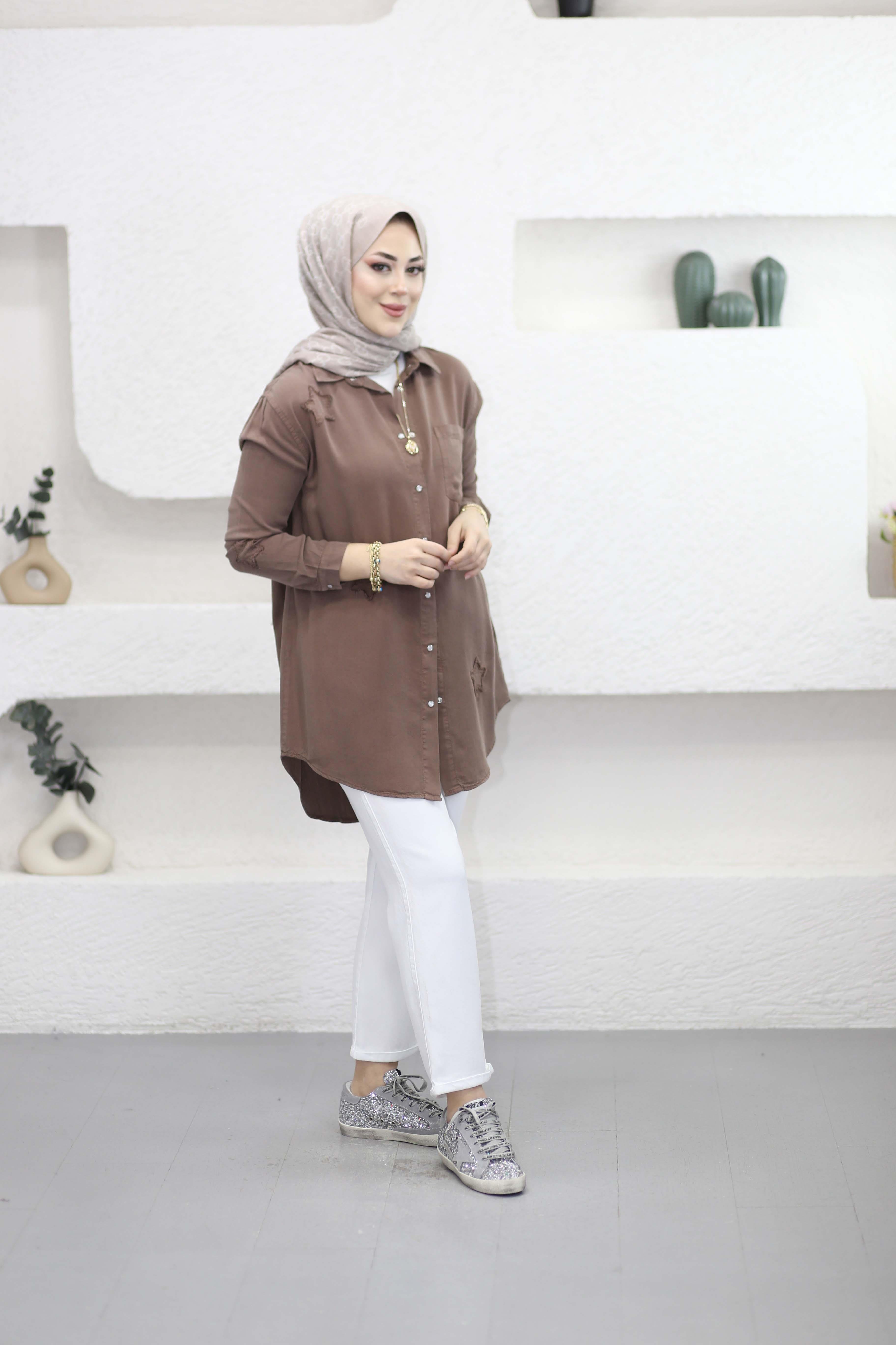 Yıldız Tencel Gömlek Kahverengi 7343