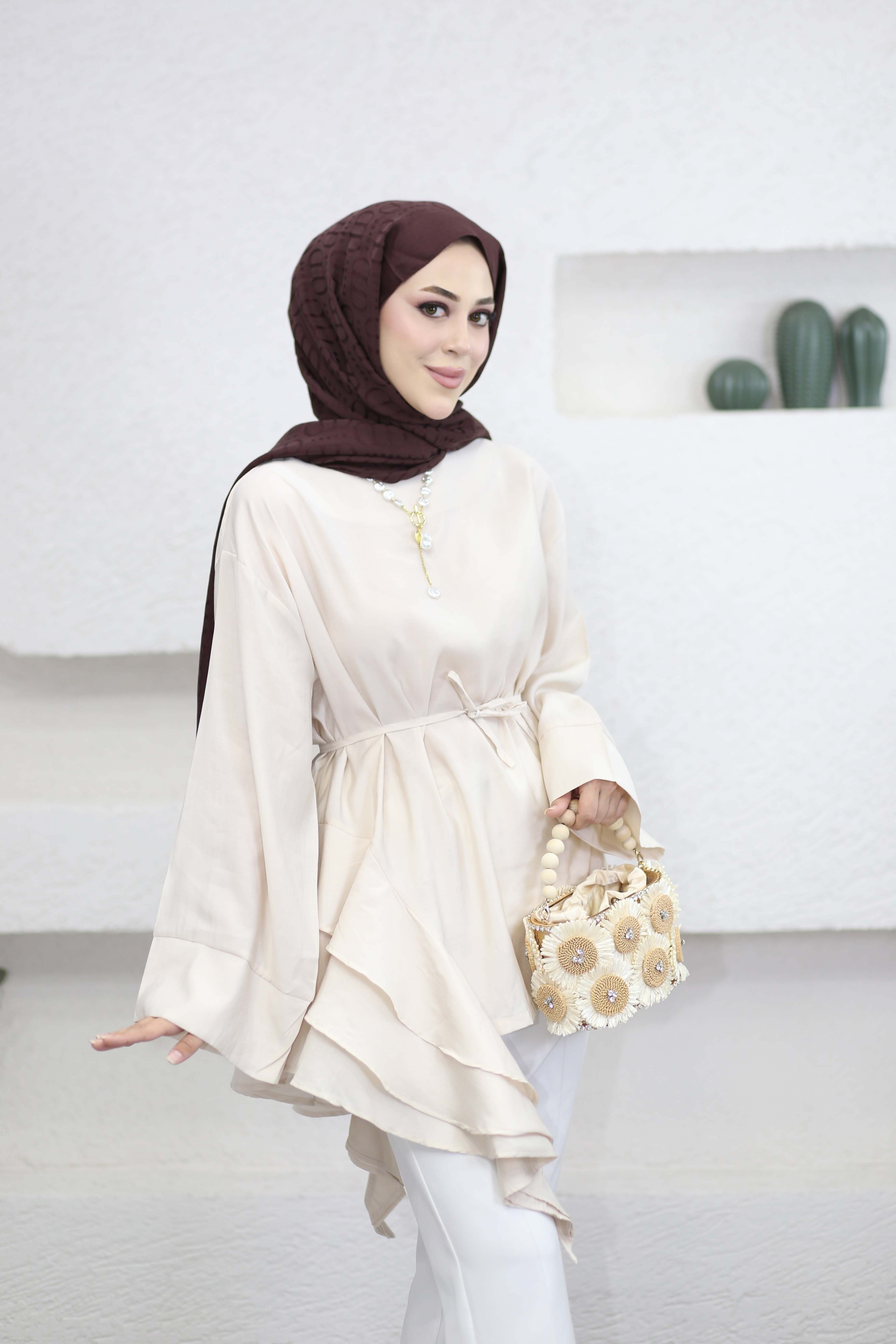 Volanlı Bağcıklı Tunik Bej 61437