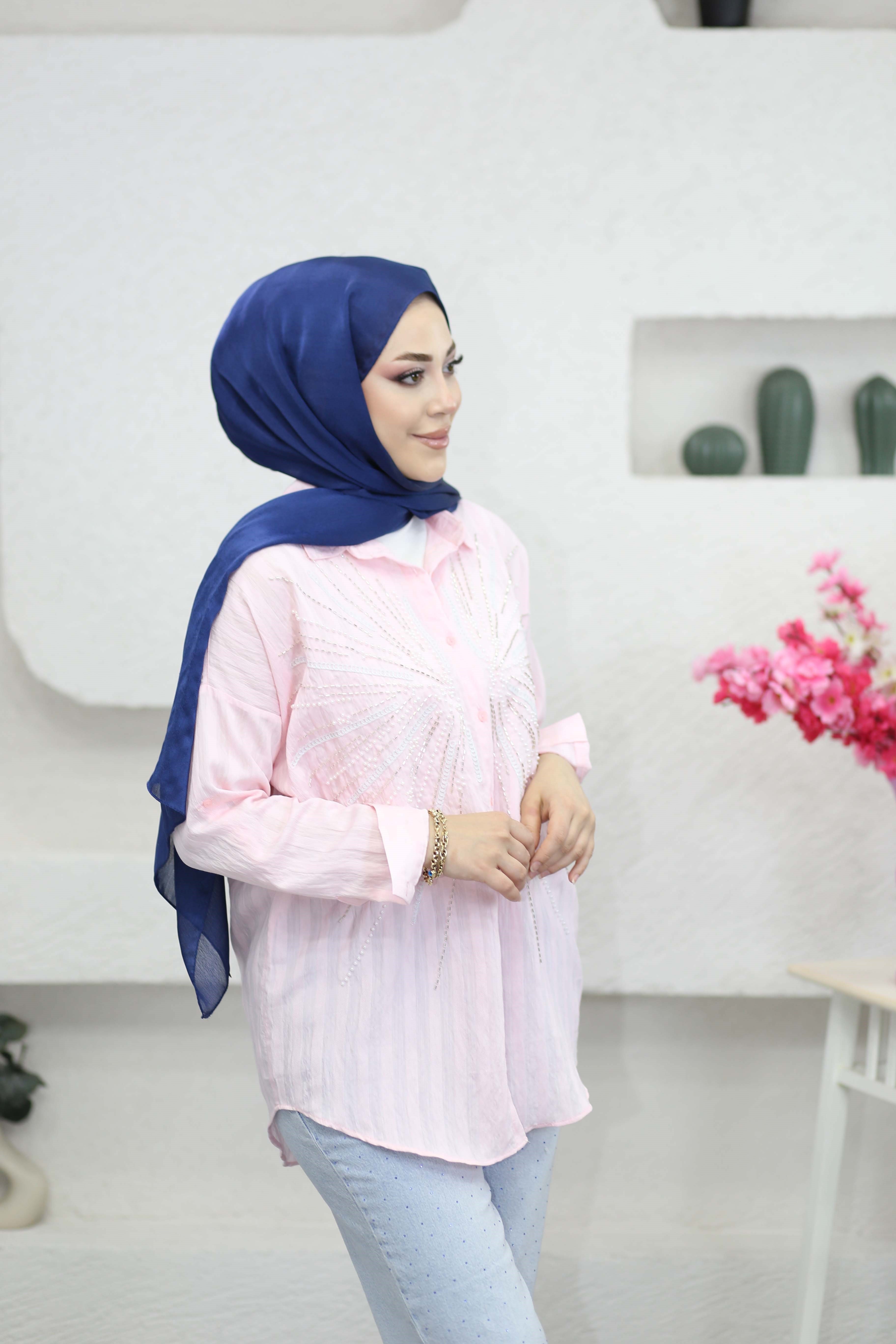 Mery Nakışlı Gömlek Pembe 5202