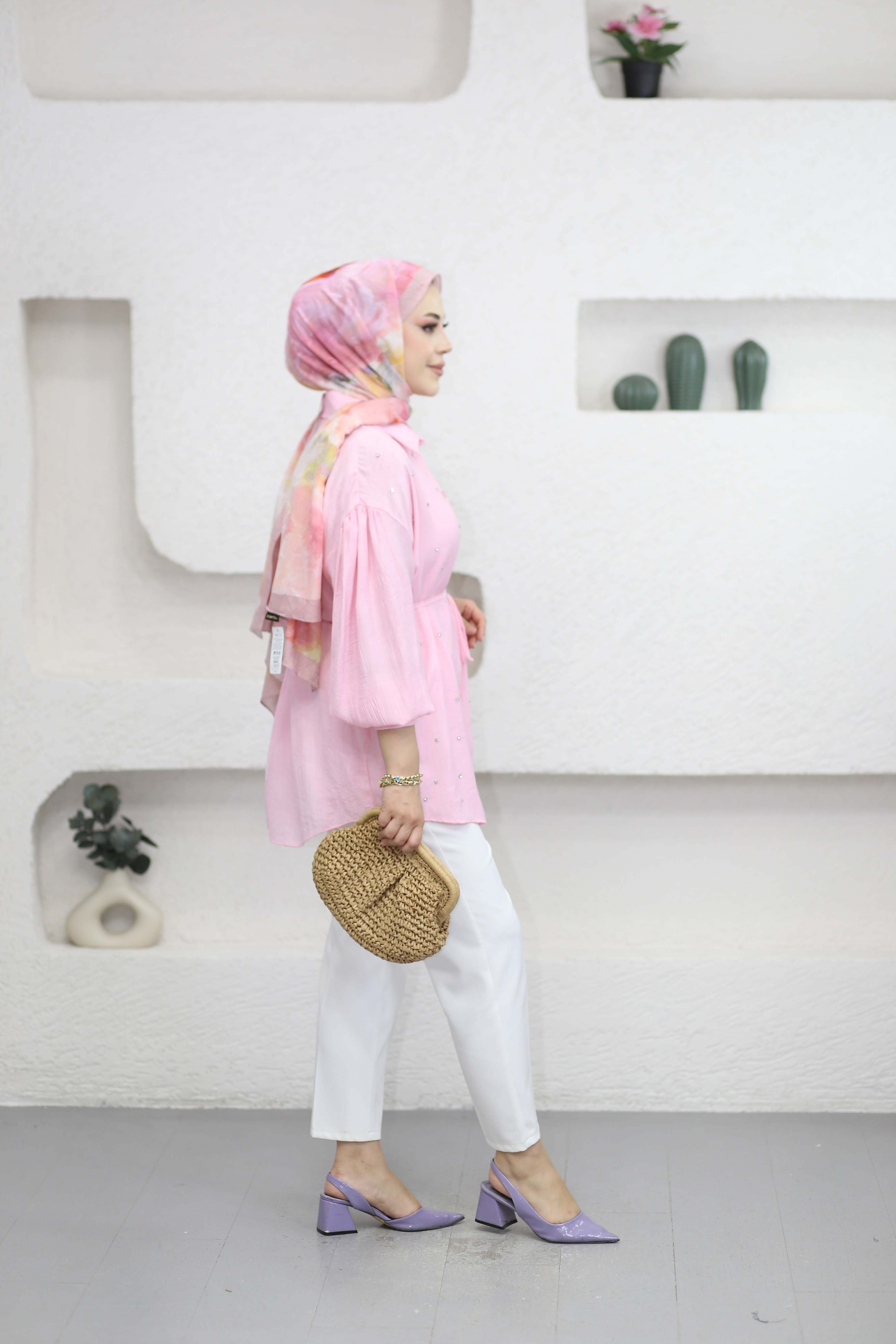 Taş Detaylı Bağlamalı Gömlek Pembe 170322