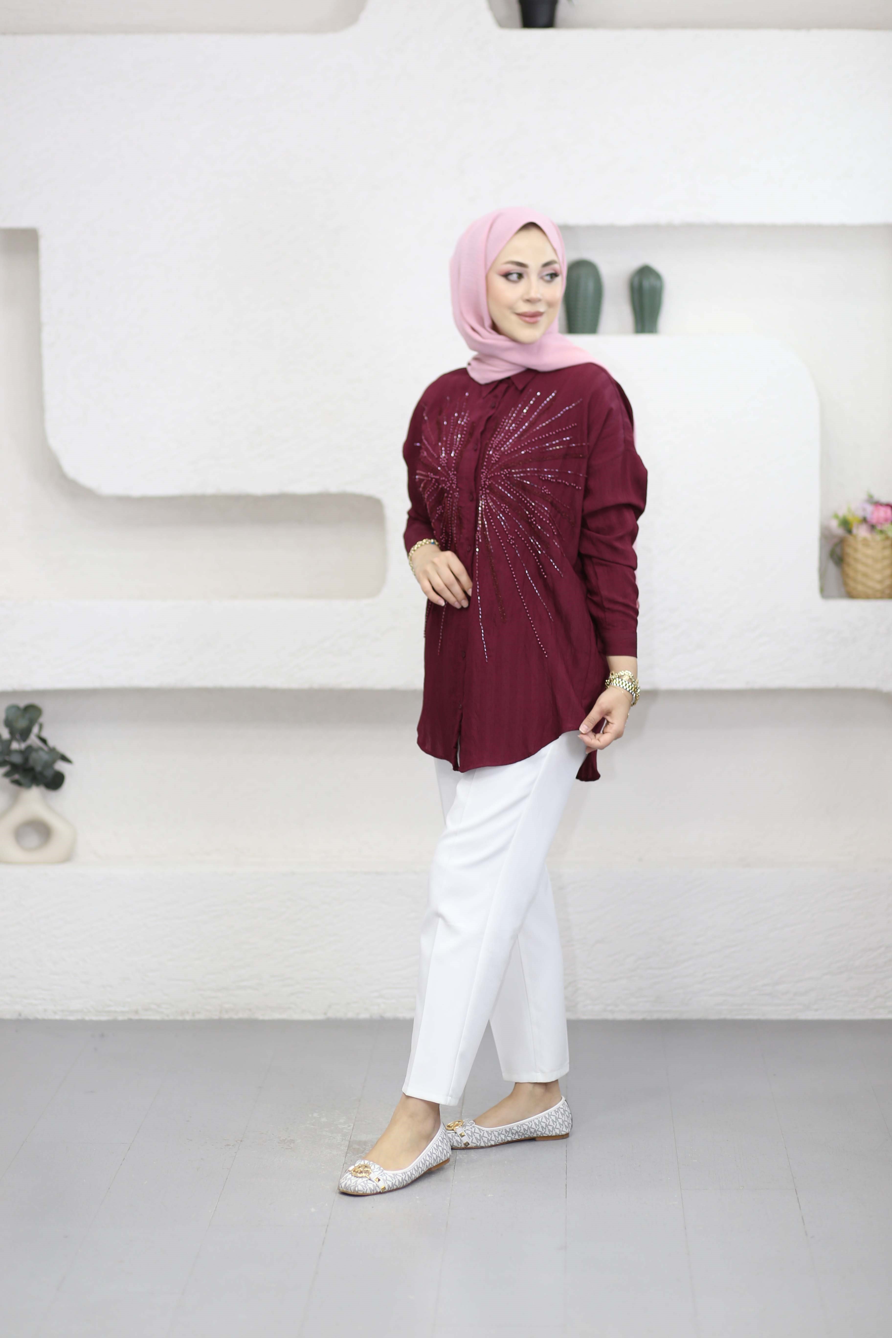 Mery Nakışlı Gömlek Bordo 5202