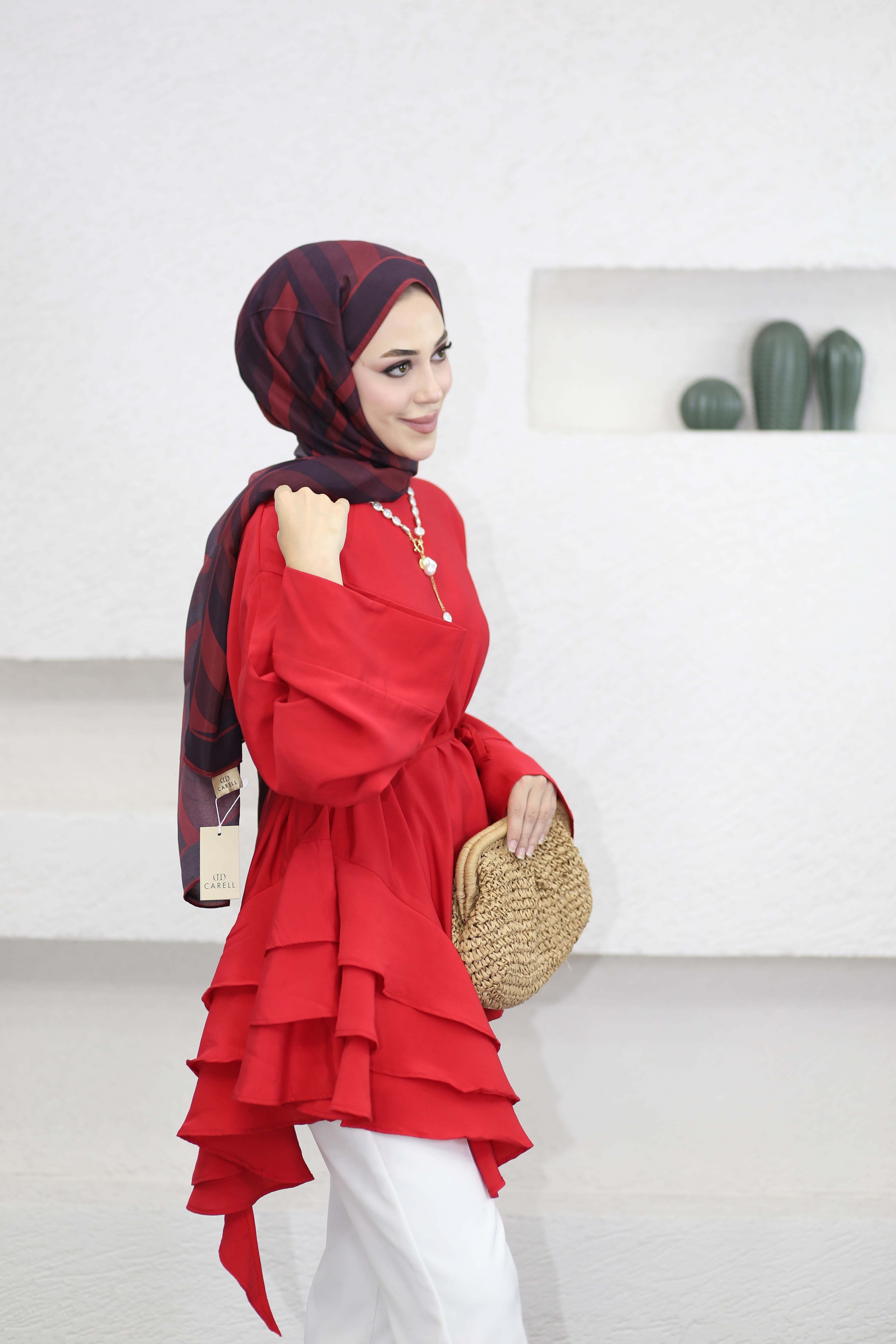 Volanlı Bağcıklı Tunik Kırmızı 61437