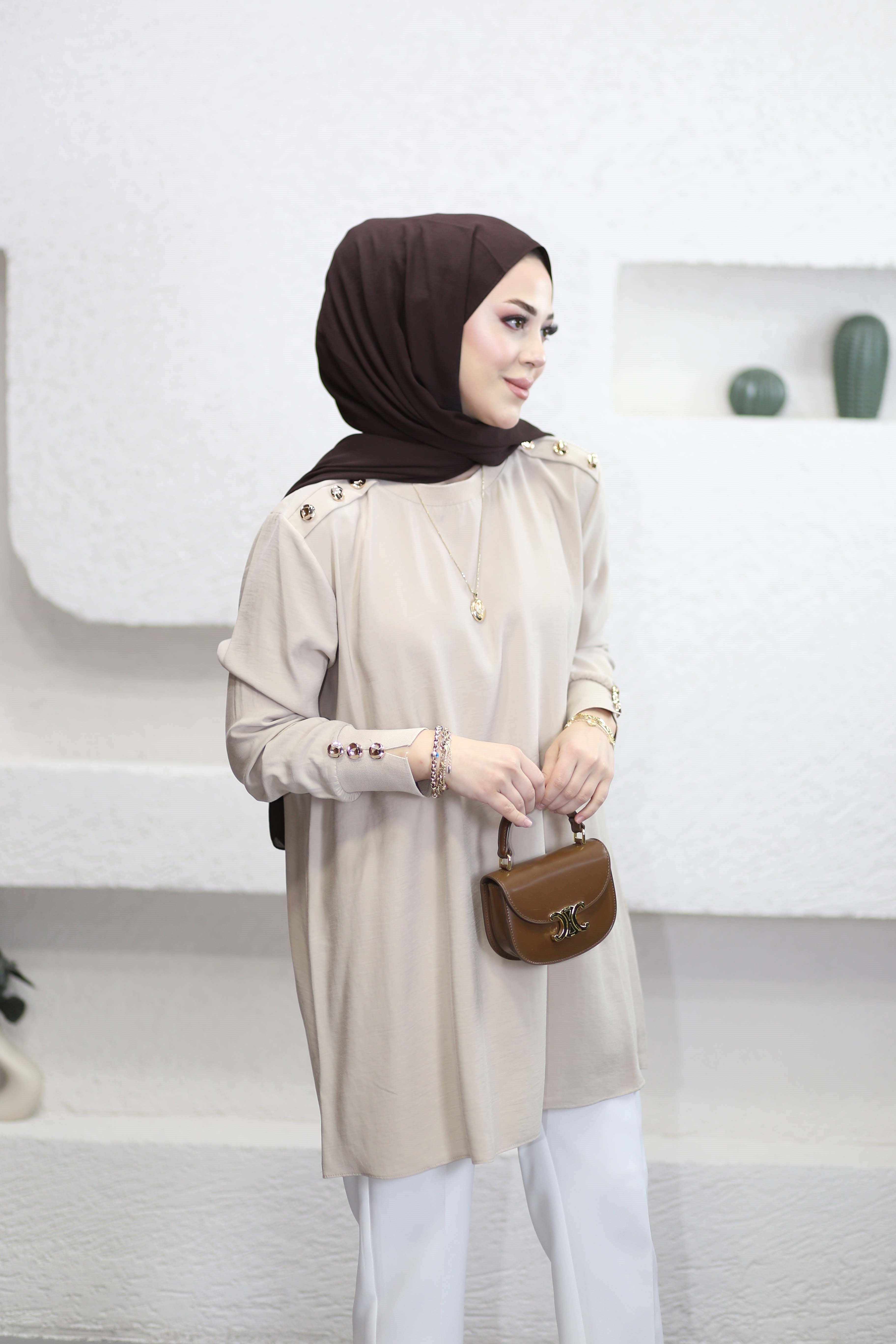 Omuz Aller Detaylı Tunik Bej 4653