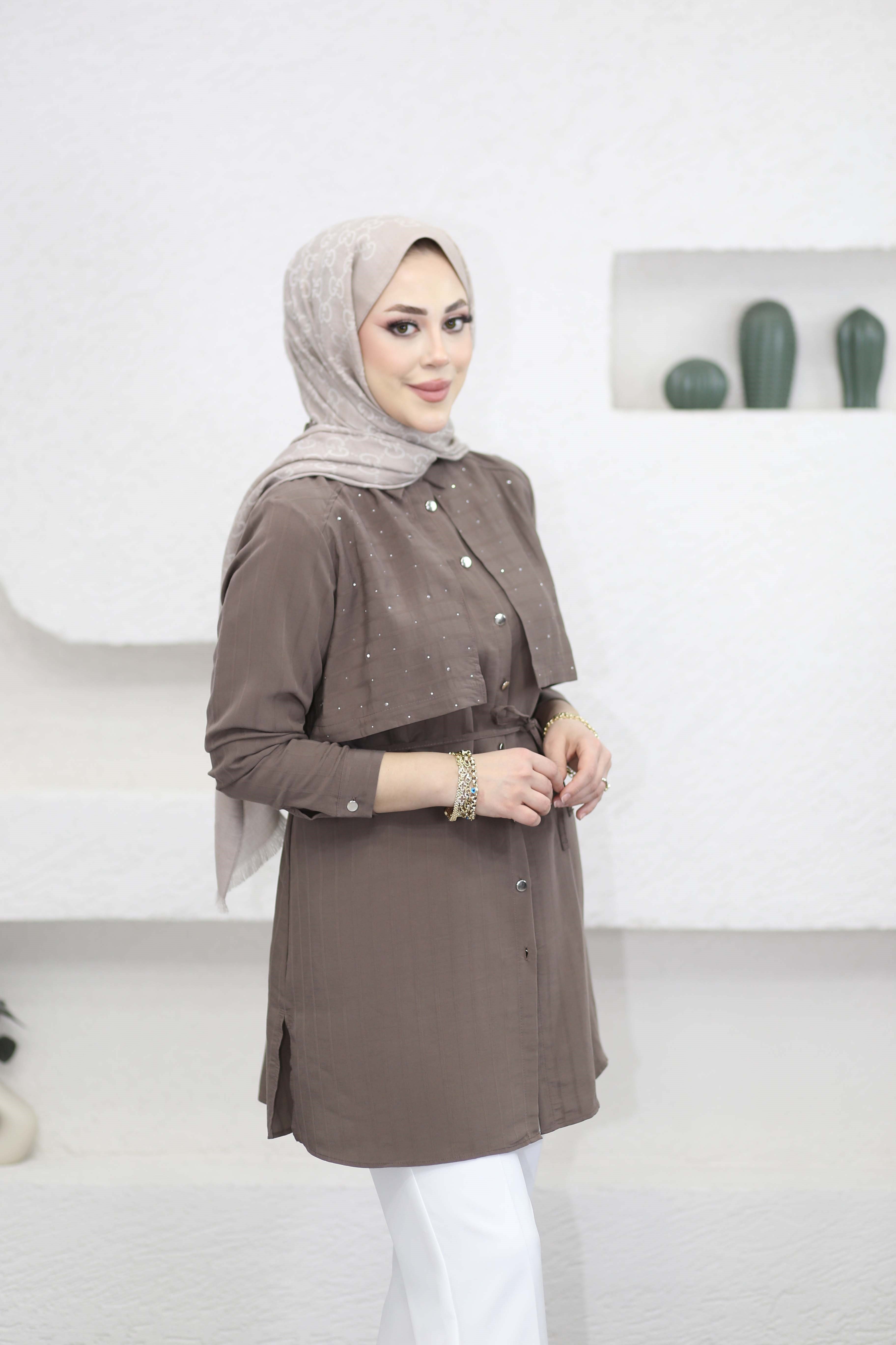 Allerli Taşlı Napoli Tunik Kahverengi 2138