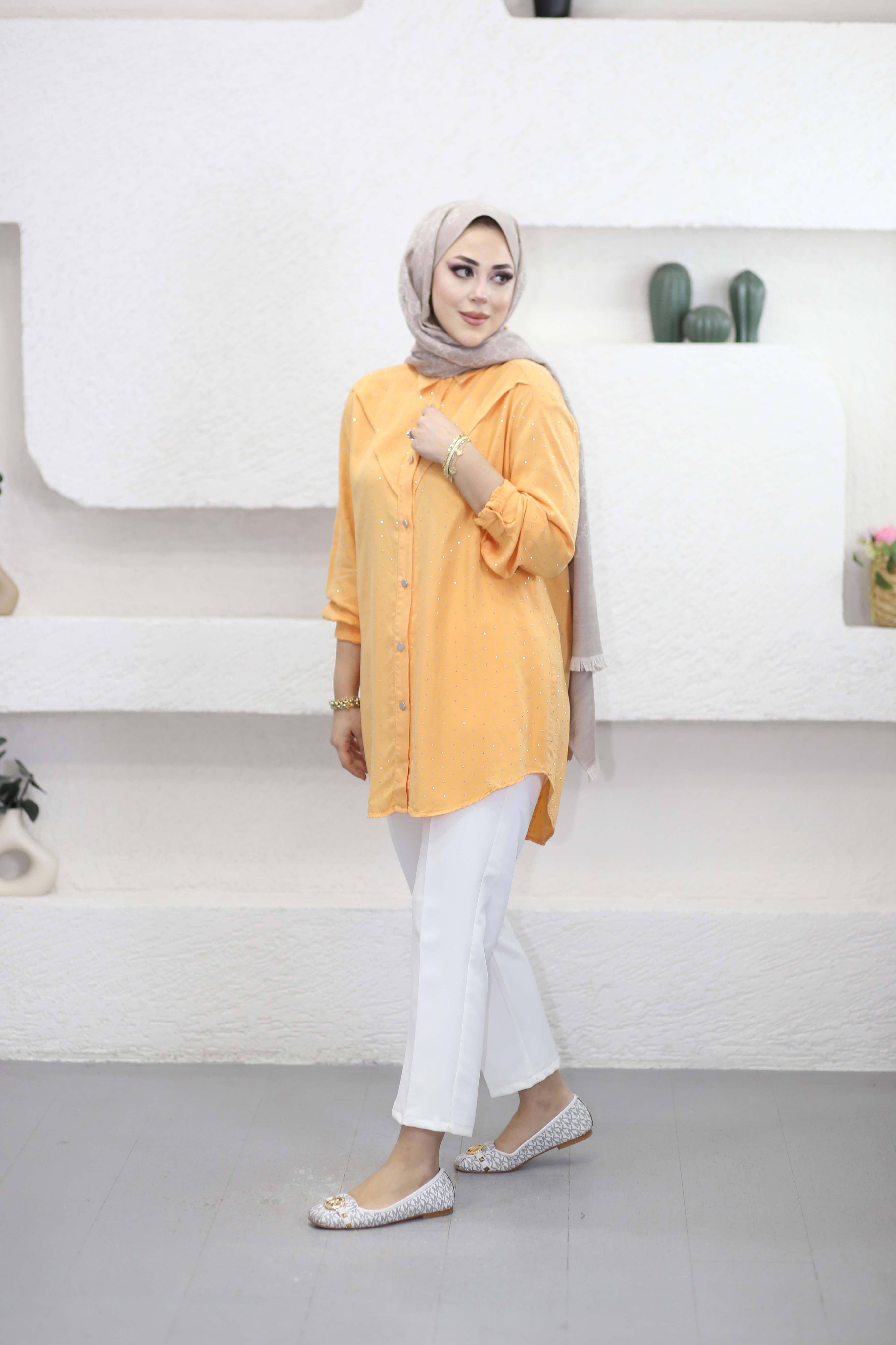 Taşlı Tencel Gömlek Oranj 7421