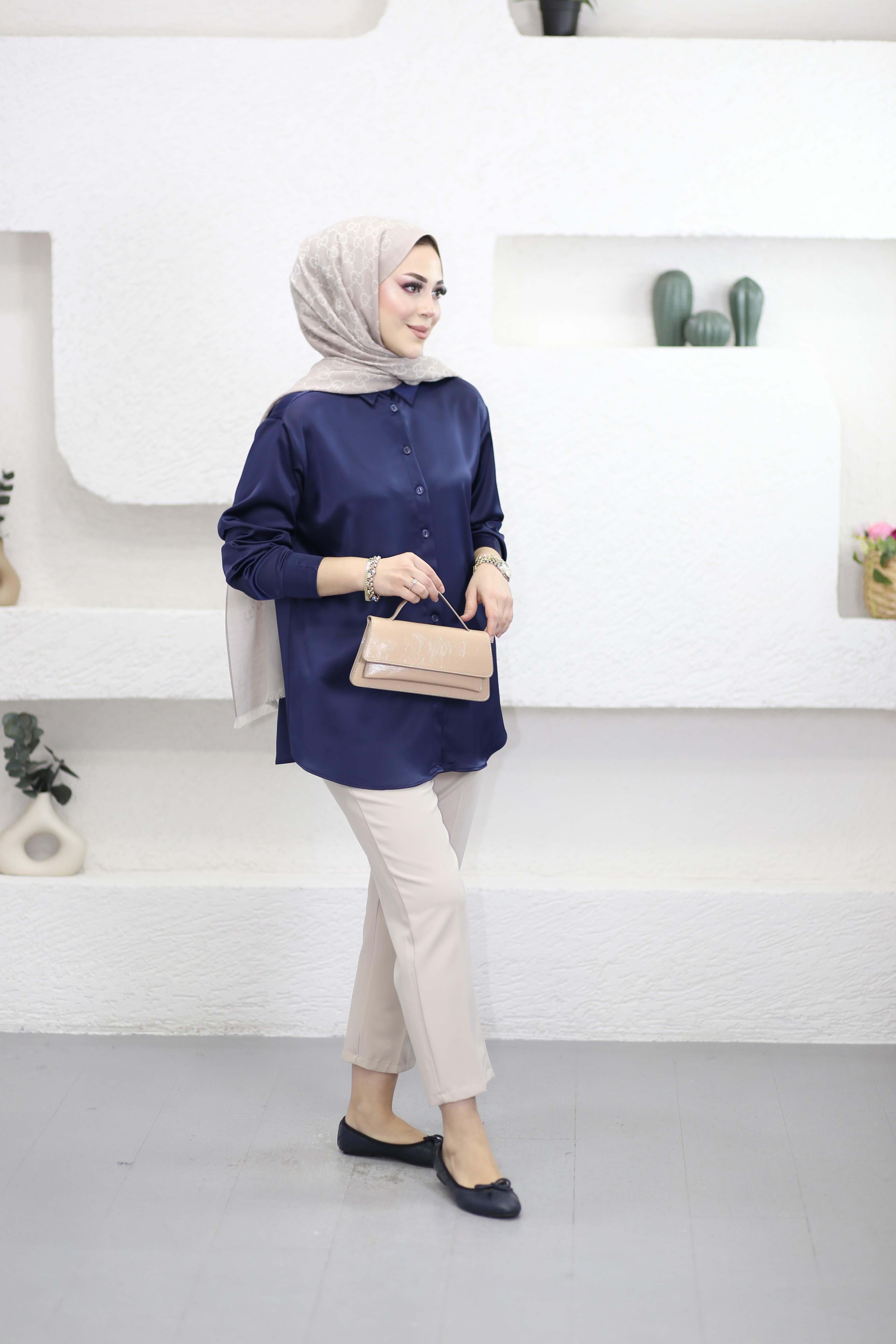 Oversize Saten Gömlek Lacivert 2749